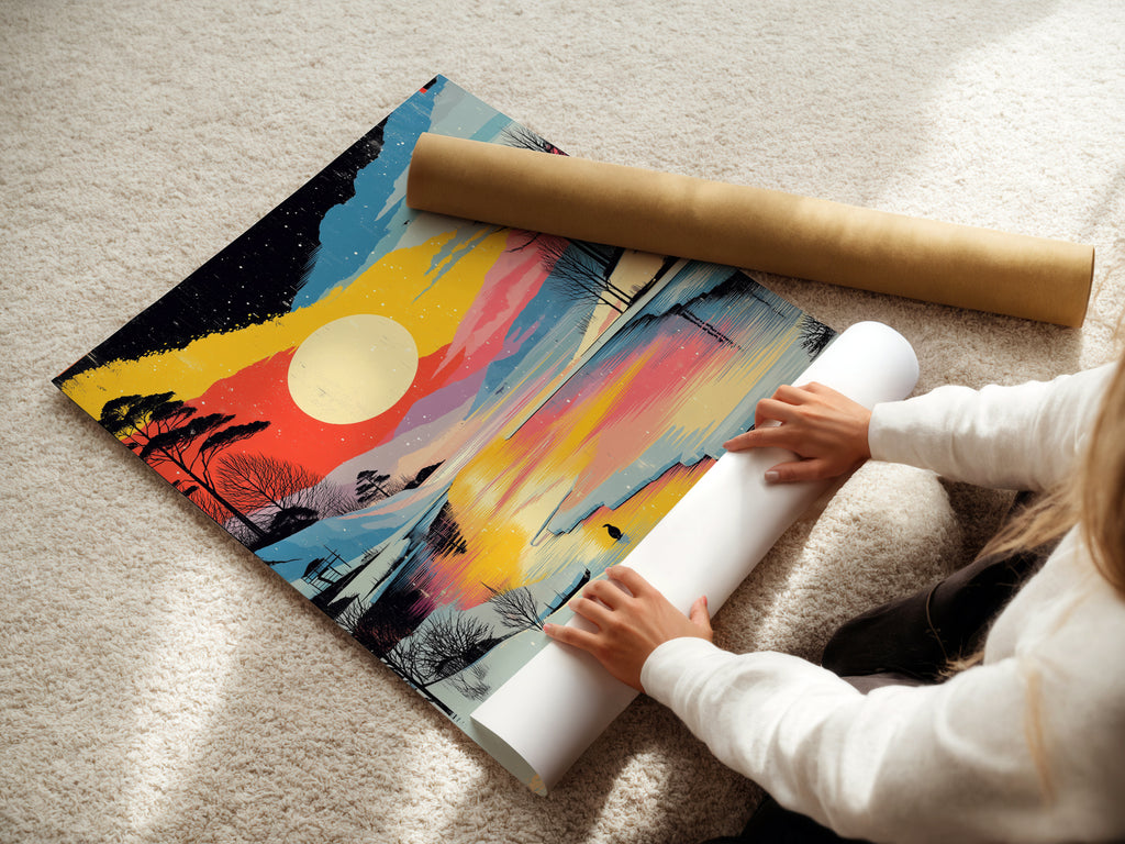 A woman is rolling a fine art poster paper of the Winter Sunset Canvas Print. The artwork displays a colorful lake landscape. Snowy forest artwork is ready for framing. It is ideal for art lovers.