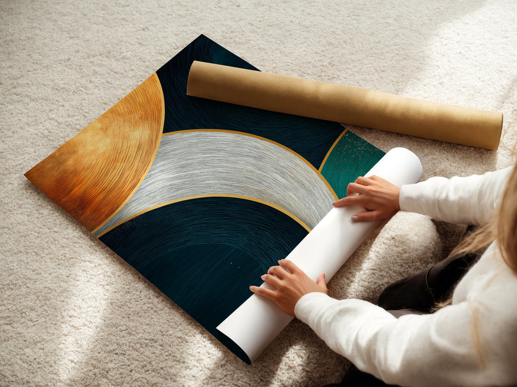 A woman is carefully rolling a fine art poster paper. The poster features an abstract geometric artwork. The artwork features teal navy and gold curved lines. This high-quality print is perfect for modern home decor. Preparing it for framing or display in a modern interior setting.