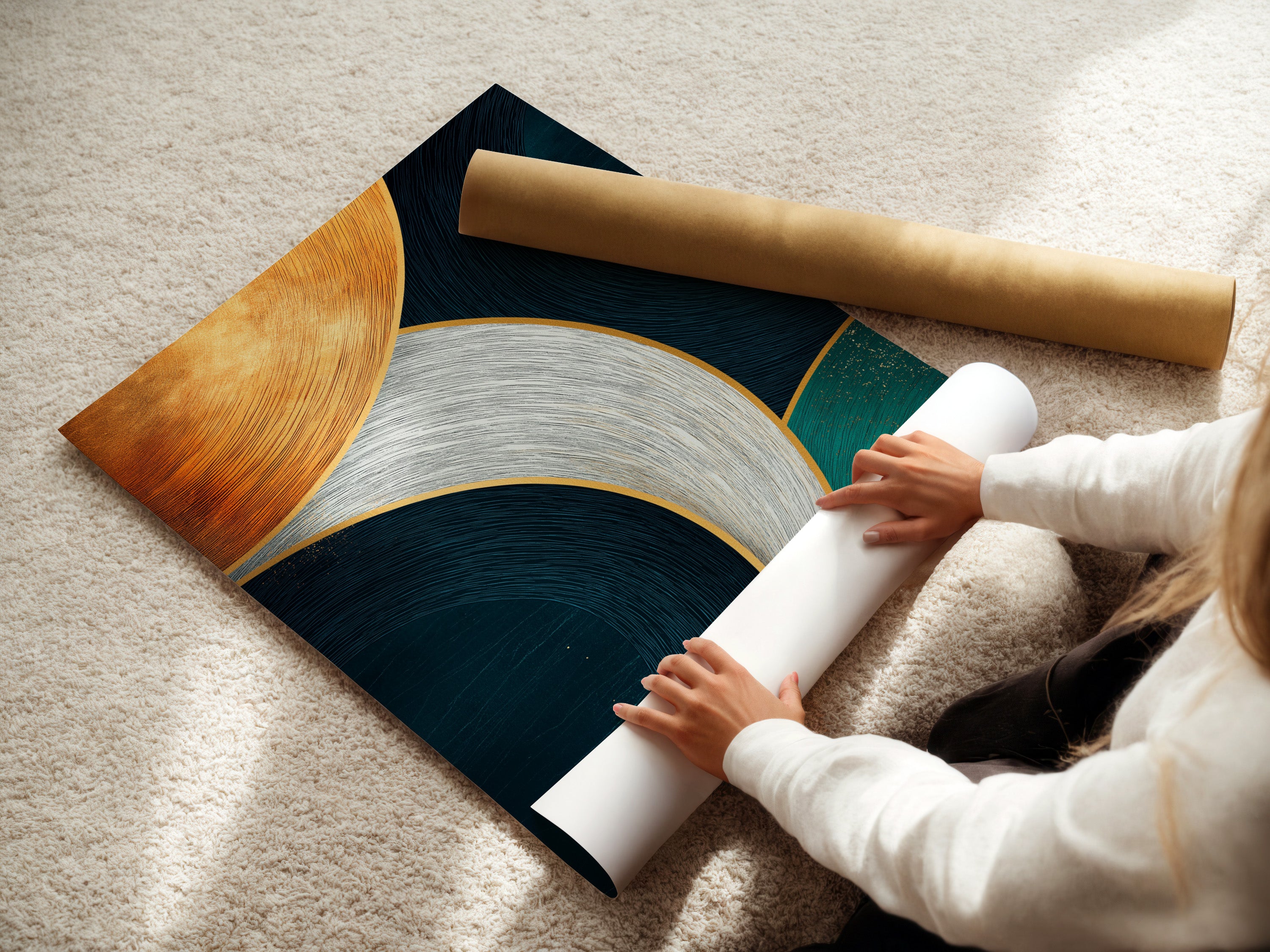 A woman is carefully rolling a fine art poster paper. The poster features an abstract geometric artwork. The artwork features teal navy and gold curved lines. This high-quality print is perfect for modern home decor. Preparing it for framing or display in a modern interior setting.