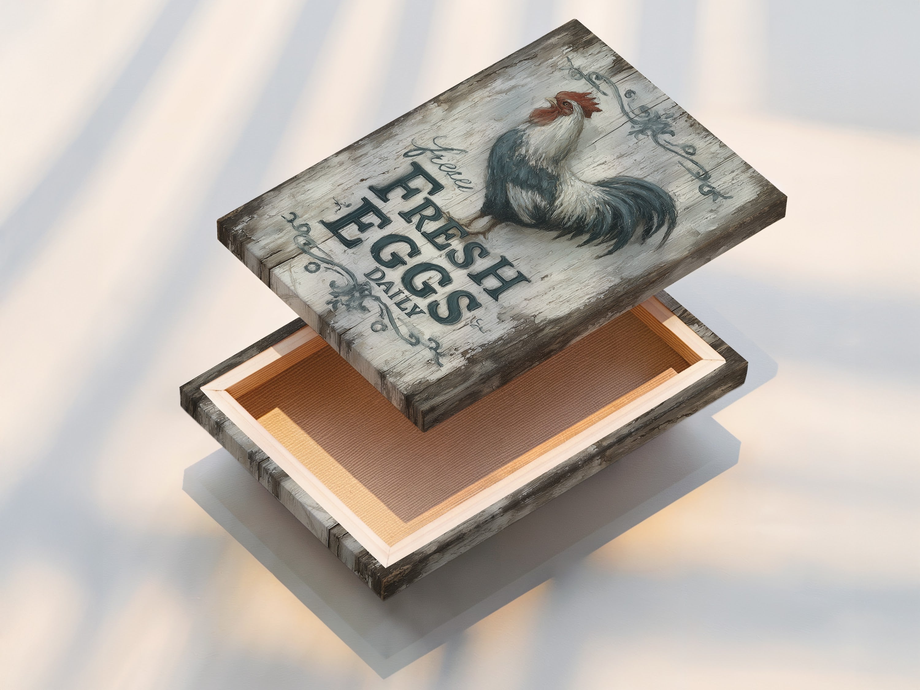 A stretched canvas print featuring rooster artwork. The Fresh Eggs Daily sign adds rustic charm. This farmhouse kitchen art is ready to hang. Perfect for country home decor. Enhance your living space with this unique piece.