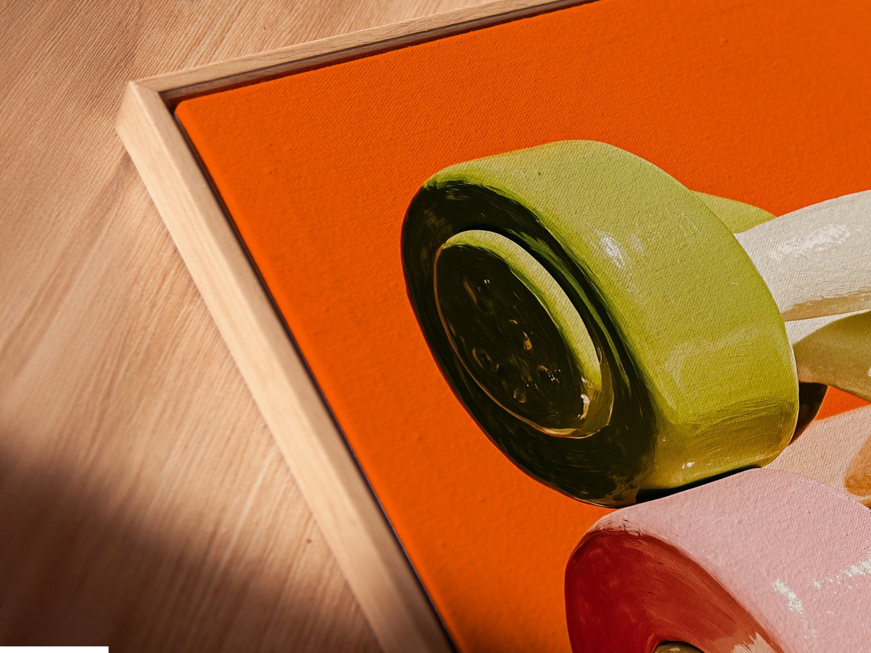 A close-up angled view of a canvas print. The print is in a floating frame. The modern fitness artwork looks stunning. It's perfect for any workout room. The floating frame adds a contemporary touch. Elevate your gym decor today.