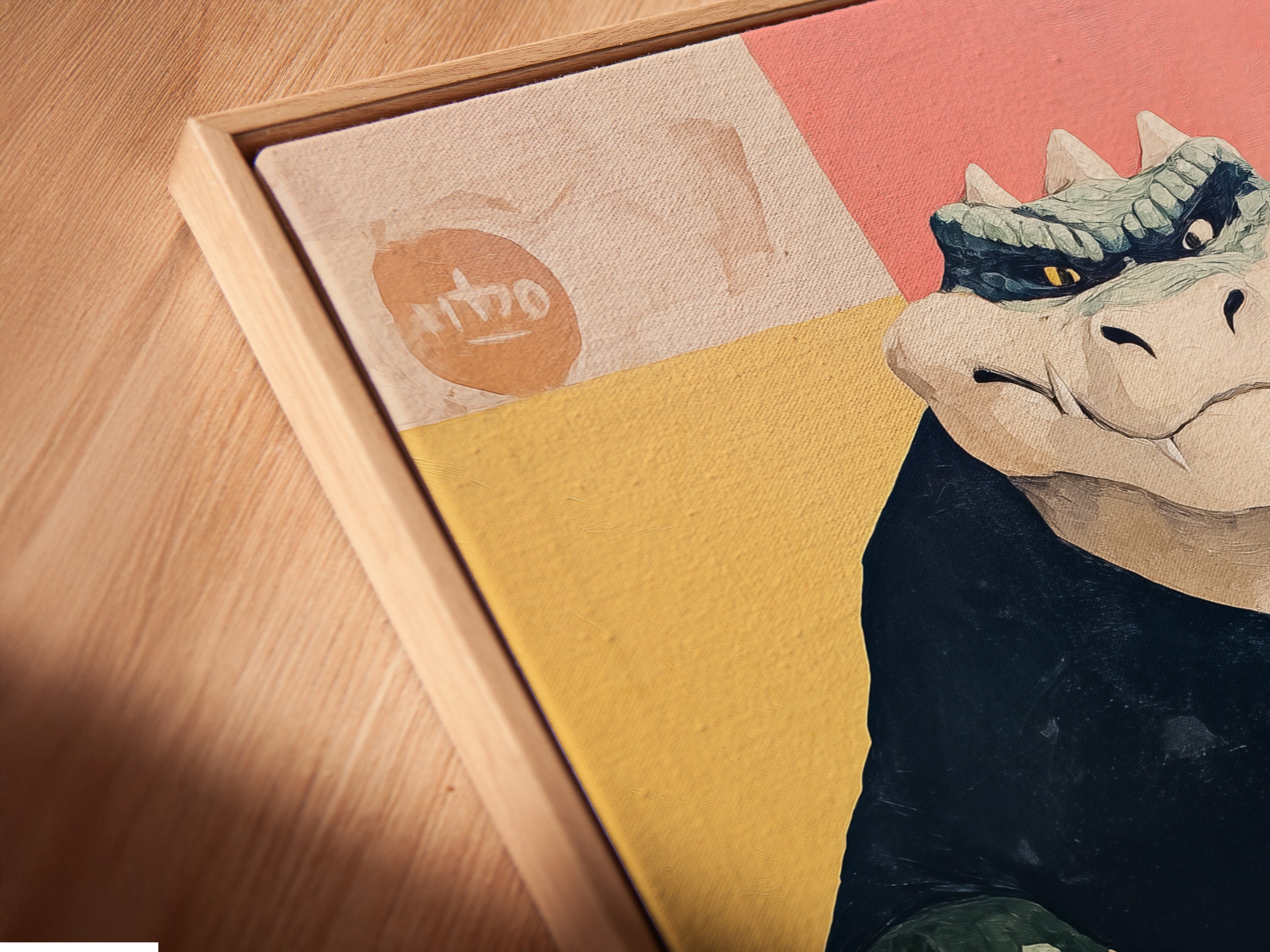 Close-up of a Weightlifting Gator canvas print in a floating frame. The modern artwork enhances any space. This gym decor is perfect for fitness enthusiasts. A unique and humorous piece.