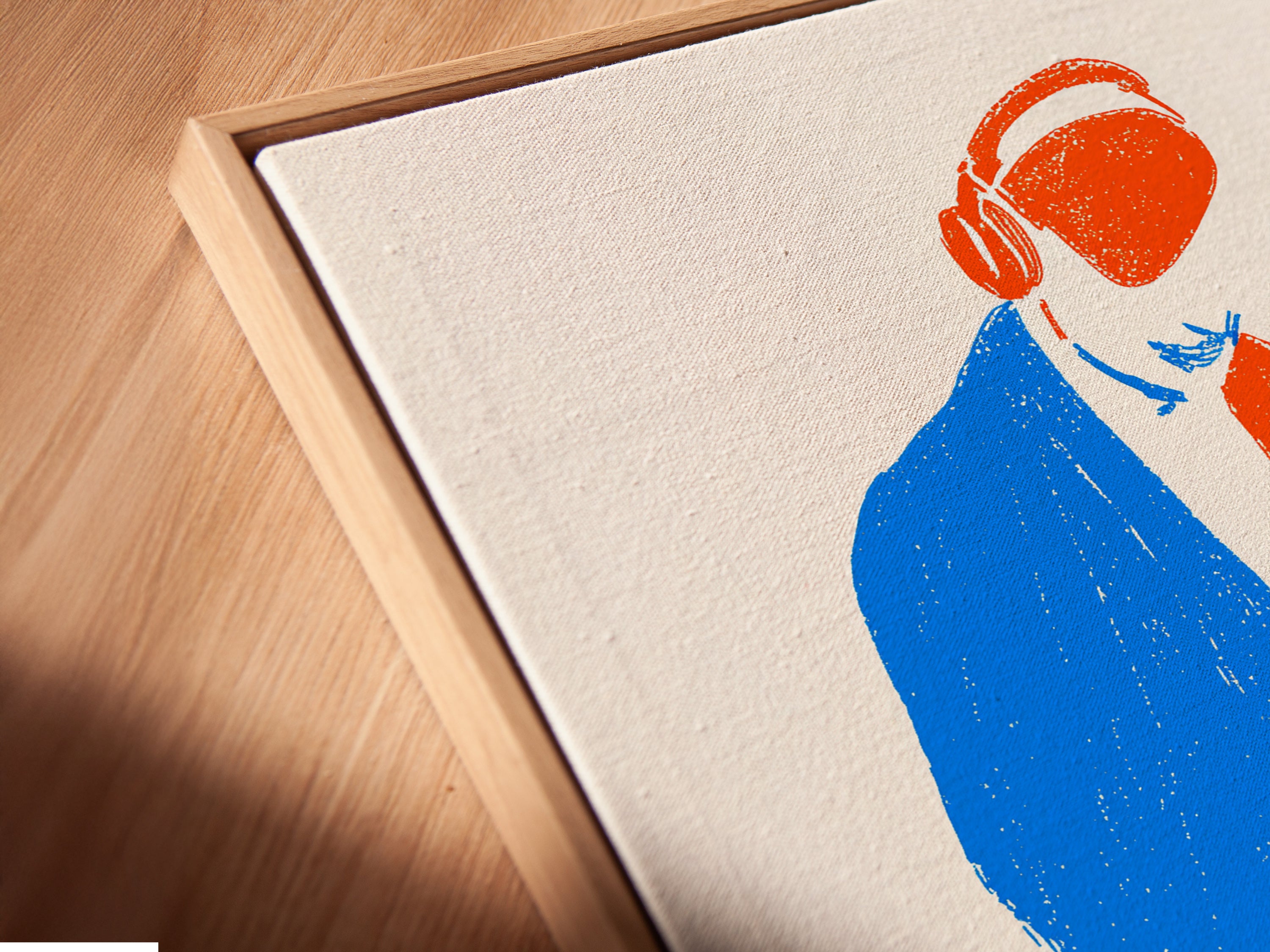 Close-up angled view of a canvas print in a floating frame. The DJ Turntable art is displayed beautifully. The floating frame enhances the artwork. This canvas print is ideal for music room decor. It also is great for hip hop studio wall art. This elevated art piece adds style to any space.