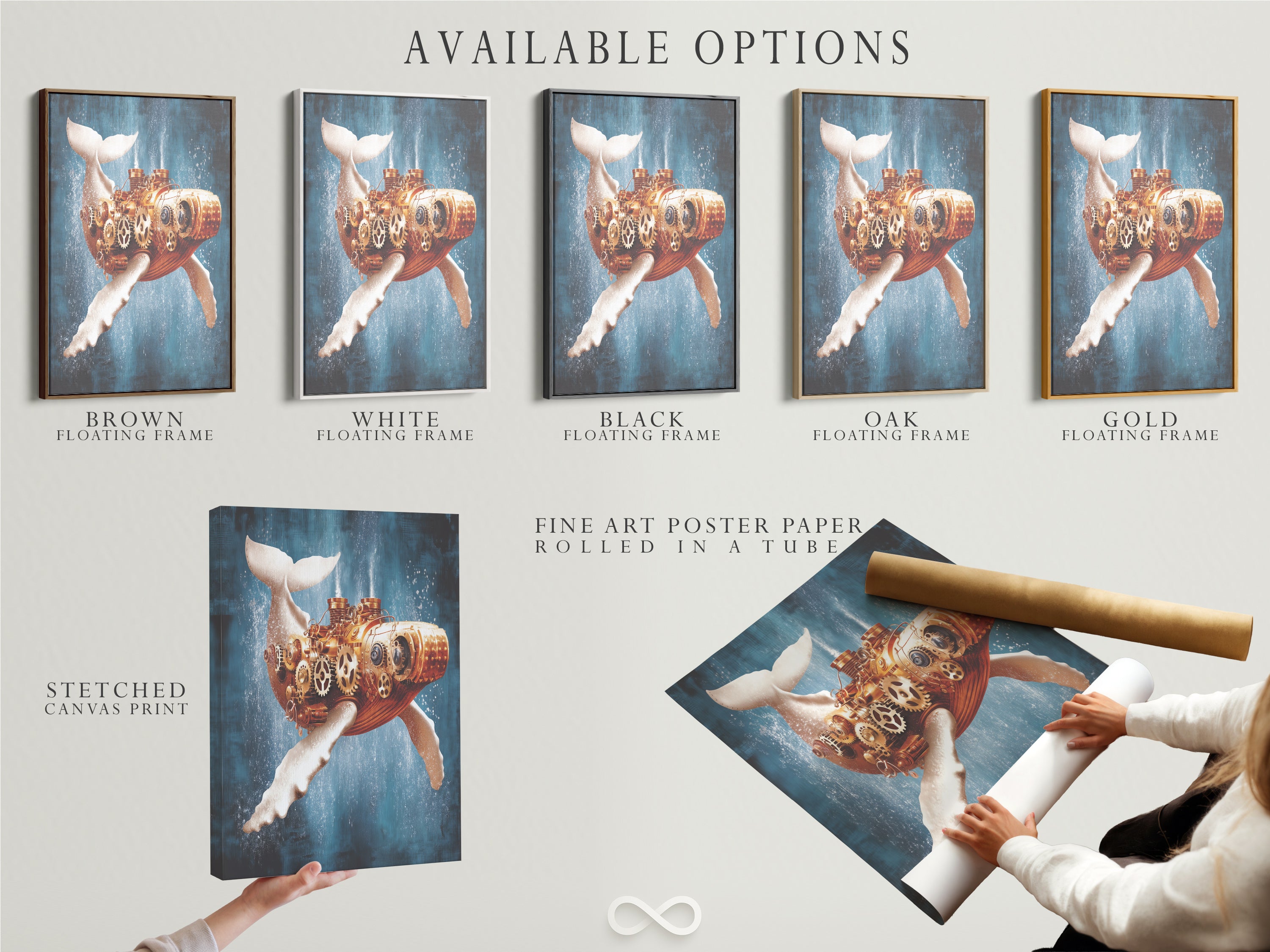 Available options for the Steampunk Whale artwork. Choose from a stretched canvas print fine art poster paper or a floating frame. Each option enhances the mechanical ocean wall art. Select the perfect format to match your decor and personal style preferences today.