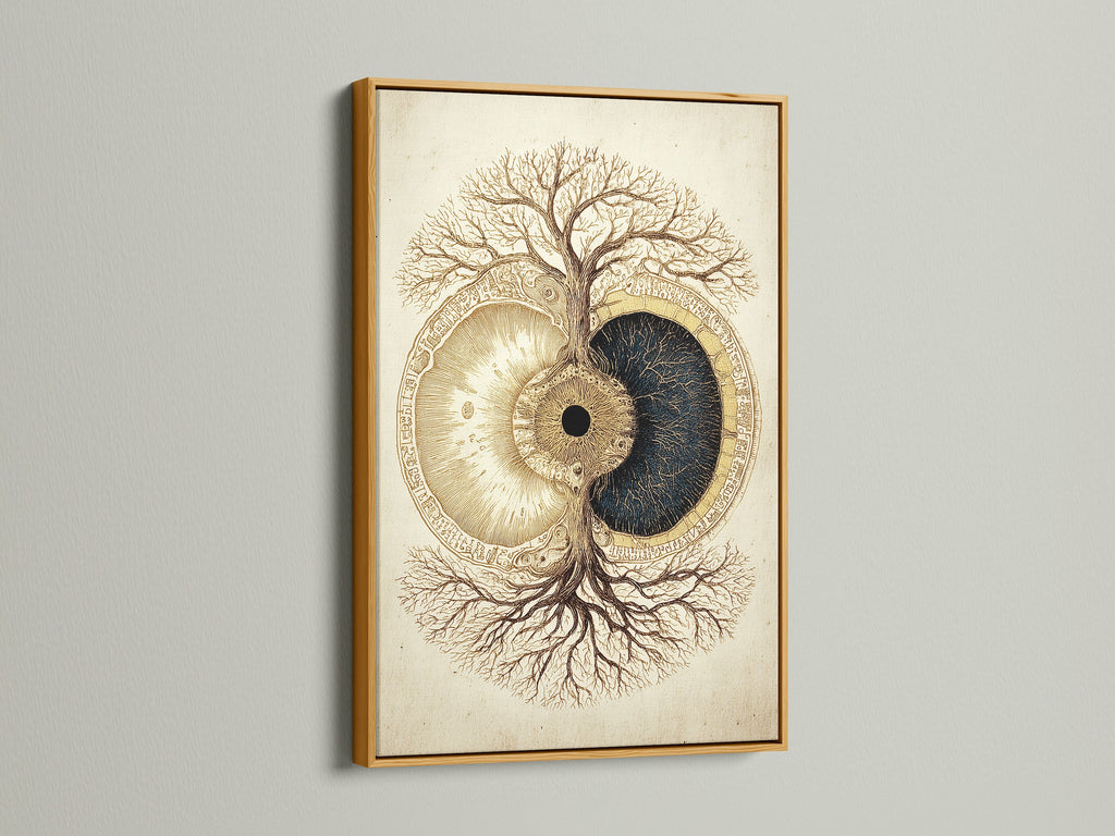 Gold Frame. The gold frame adds a touch of luxury. It enhances the artwork. The artwork features a tree and eye artwork. The gold frame is perfect for adding elegance. It makes the artwork stand out. It brings a touch of glamour to any space.