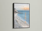 The black frame highlights the coastal wall art. This beach canvas art displays an ocean sunset print. The seaside landscape is striking in black. The frame adds contrast to the coastal artwork. The ocean view art is sophisticated.  A modern seascape painting.