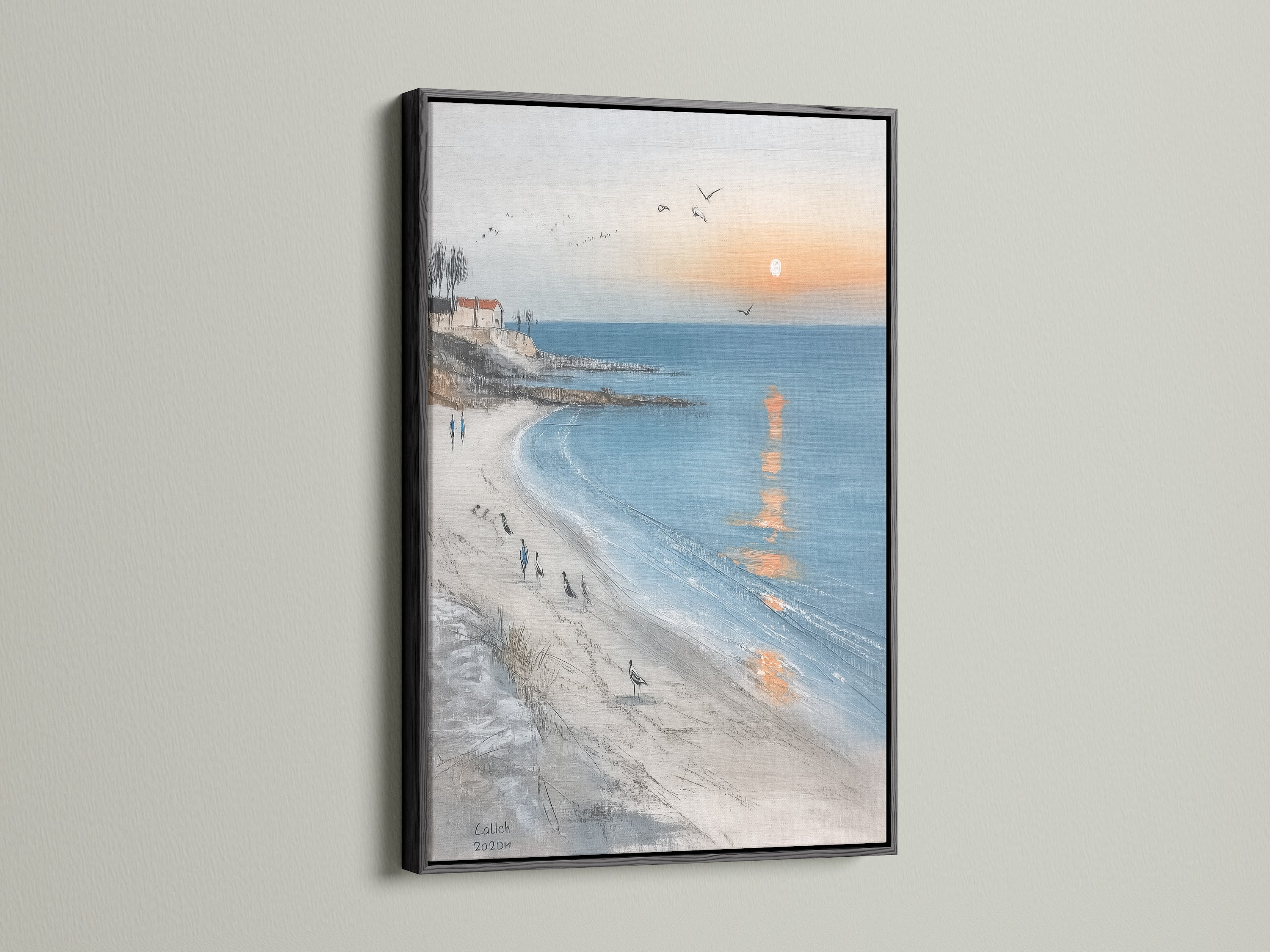 The black frame highlights the coastal wall art. This beach canvas art displays an ocean sunset print. The seaside landscape is striking in black. The frame adds contrast to the coastal artwork. The ocean view art is sophisticated.  A modern seascape painting.