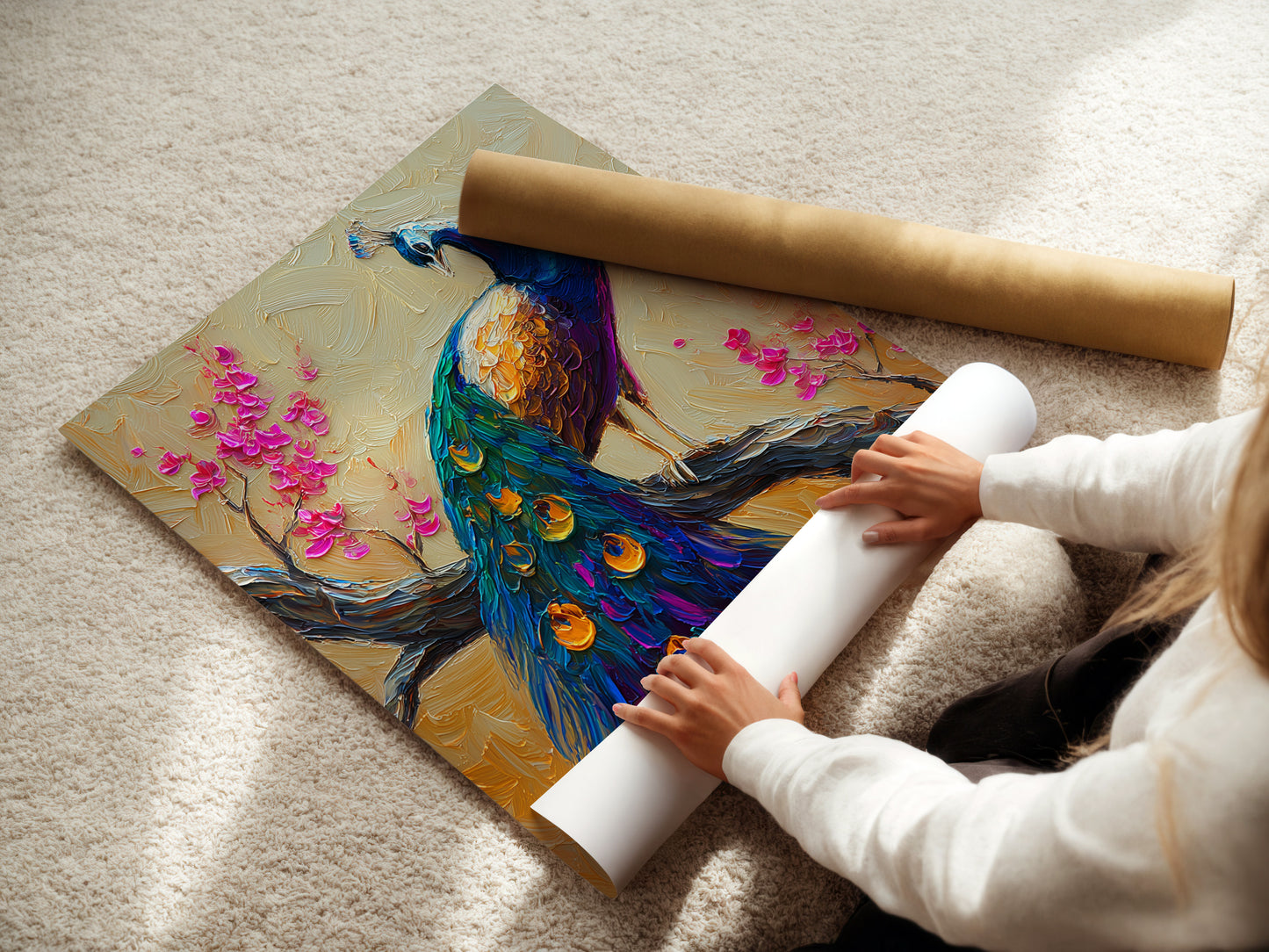 A woman is carefully rolling a fine art poster paper. The poster features a peacock artwork. She is protecting the artwork. This ensures it arrives in perfect condition. The fine art paper enhances the artwork's detail and color.