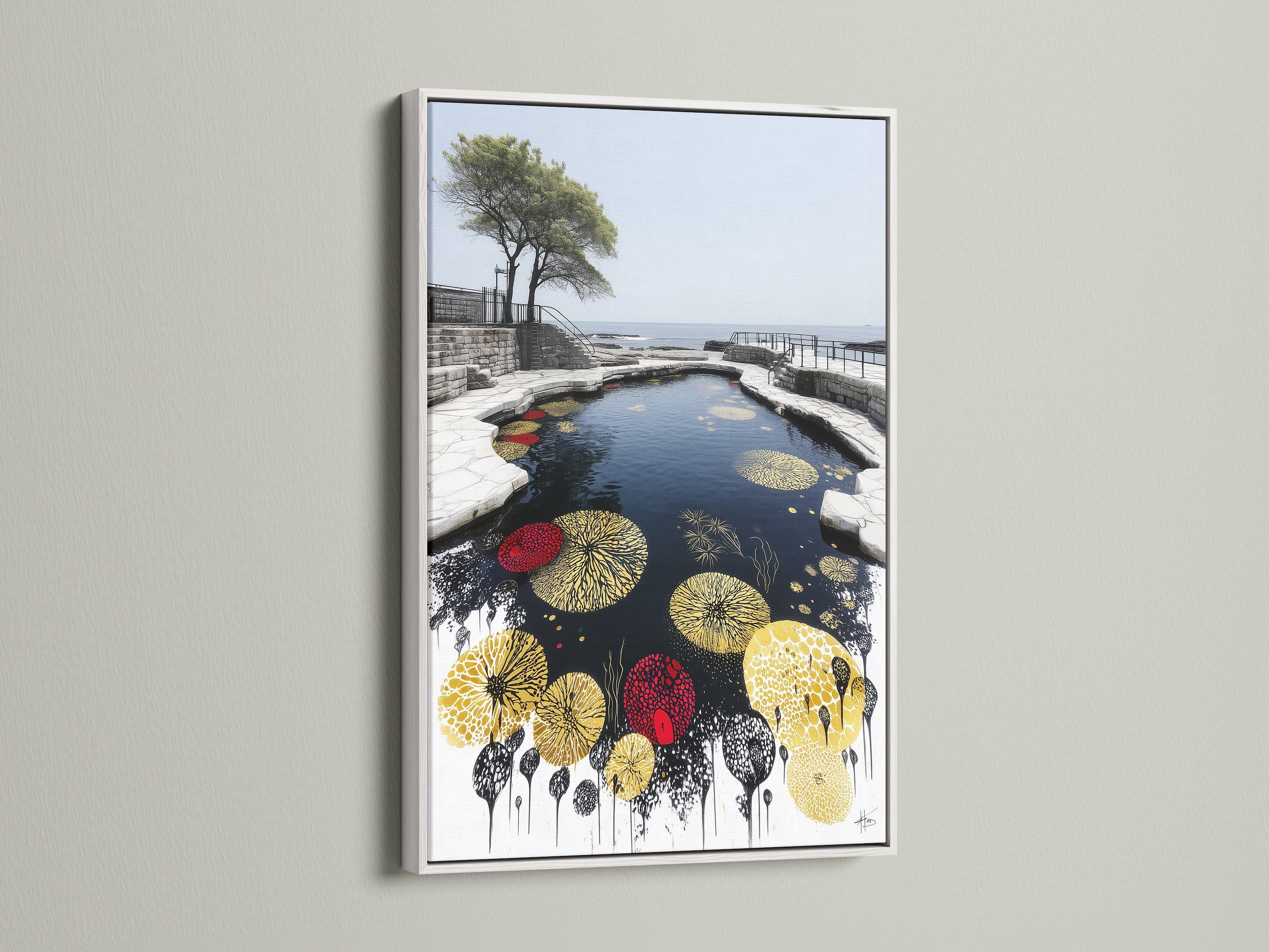 A crisp white frame offers a clean sophisticated look. This frame complements the serene Japanese Zen Garden Artwork. The white frame enhances the Water Lily Wall Art. Perfect for a meditation room or spa decor