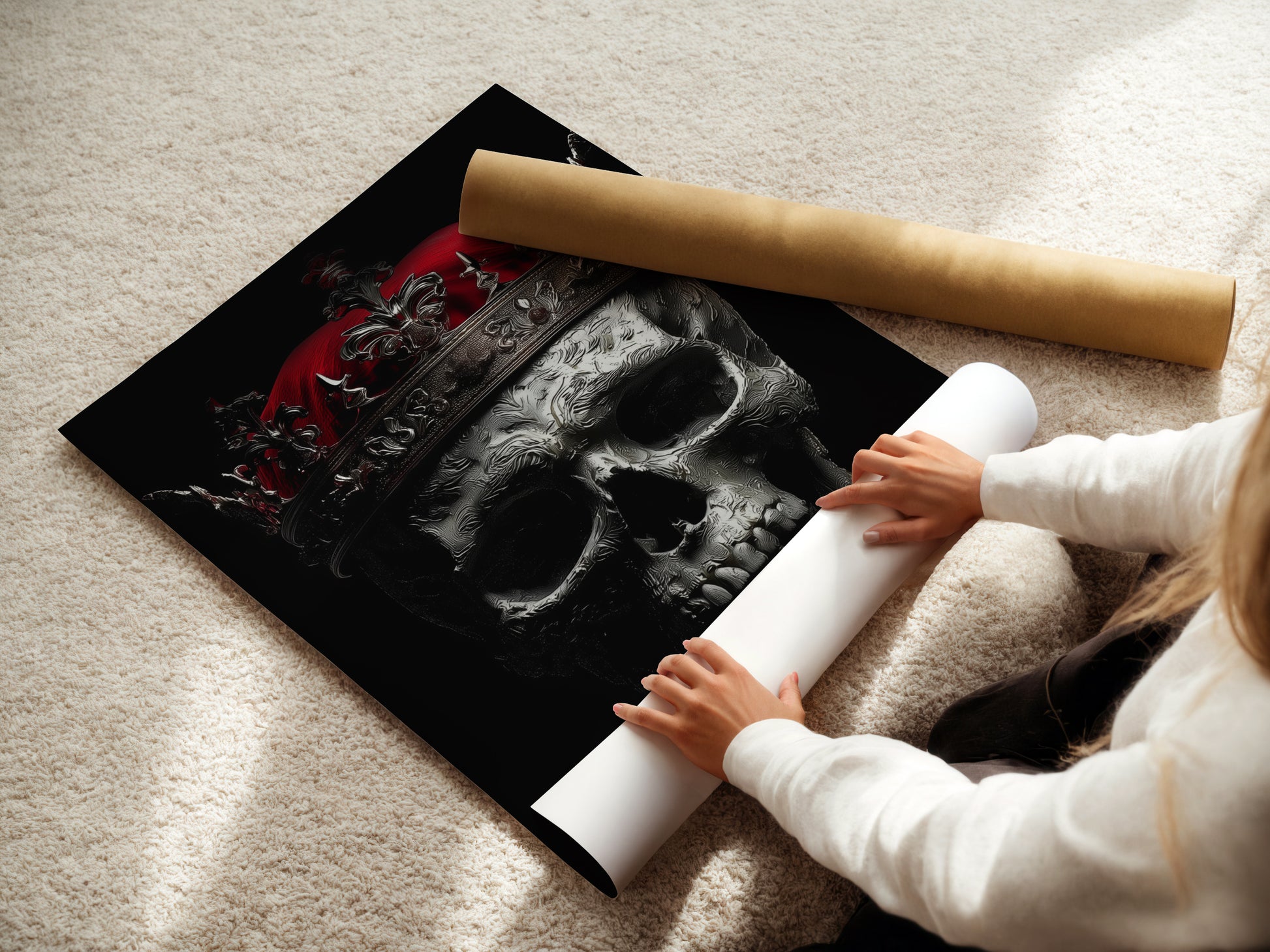A woman is carefully rolling a fine art poster paper. Prepare your skull king artwork for display. This gothic print and dark macabre decor is ideal for homeowners renters and interior decorators. Elevate your space with this art.