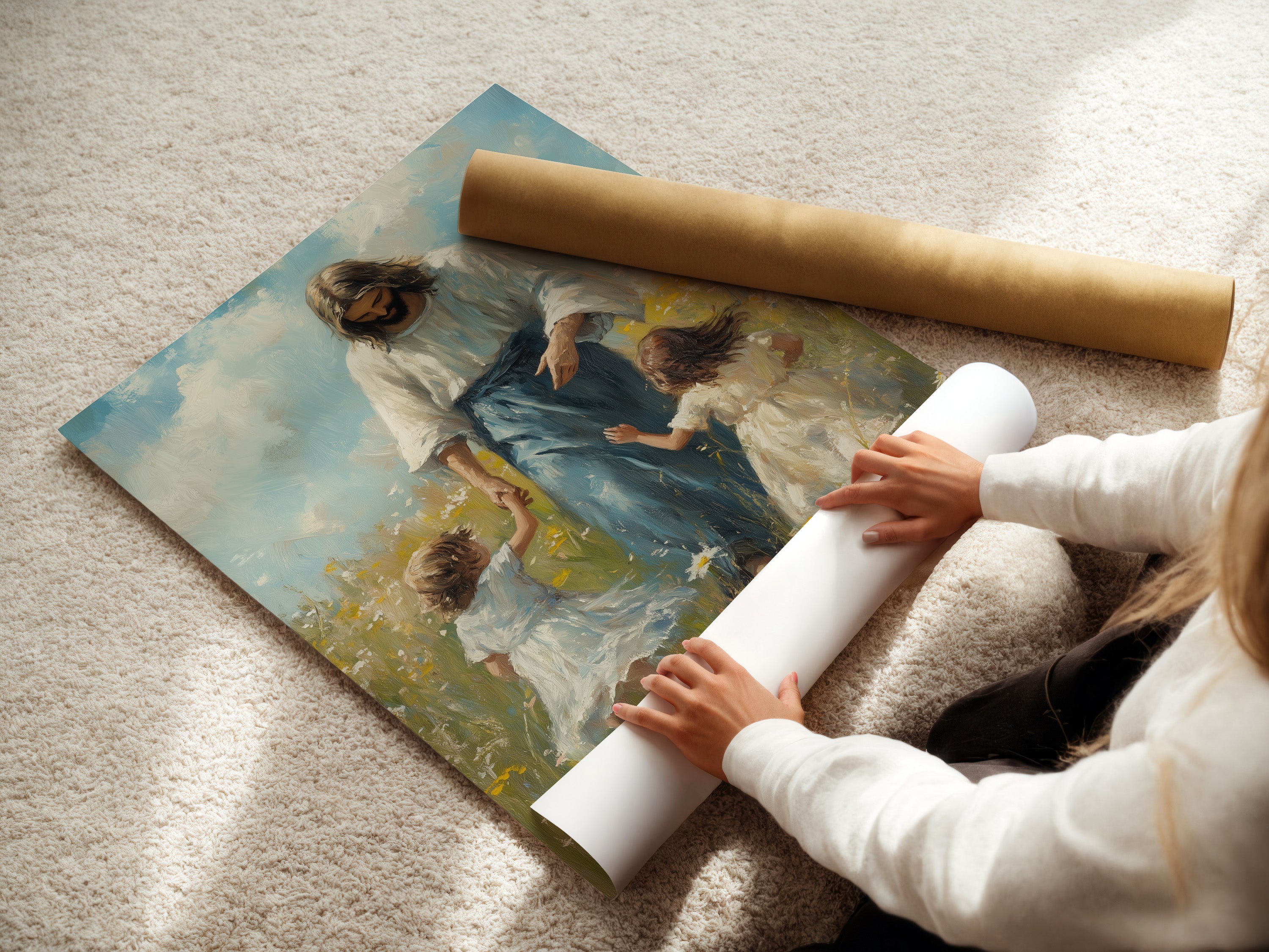 A woman is carefully rolling a fine art poster paper. The paper is high-quality. It ensures that the artwork will be preserved. The process highlights the care and attention to detail. Each print is made with love.