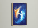 The cute ghost art is presented in an oak frame. This frame enhances the playful spirit artwork. Ideal for kids' room decor the whimsical print adds a touch of fantasy. The ghost art features cartoon ghosts in orange and blue. It is perfect for children art. This nursery decor brings a cheerful atmosphere to any space.
