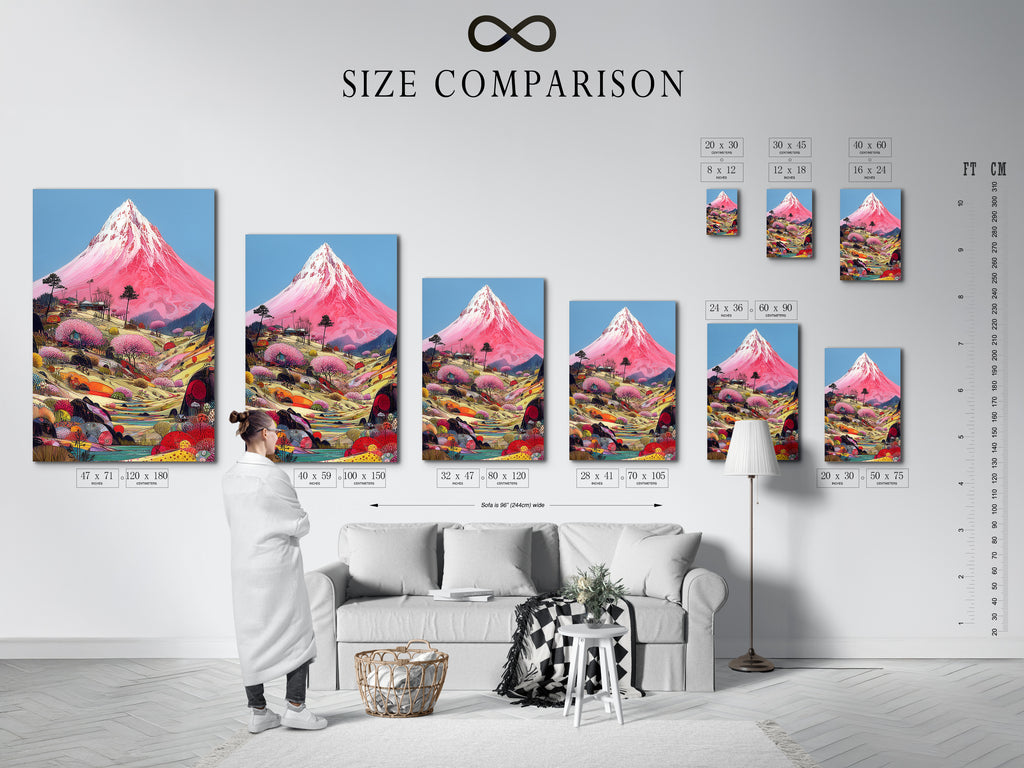A size comparison chart in an interior setting. Visualize the perfect dimensions for your Mount Fuji art. Find the ideal size for your living room bedroom or office. Make an informed decision for your space.
