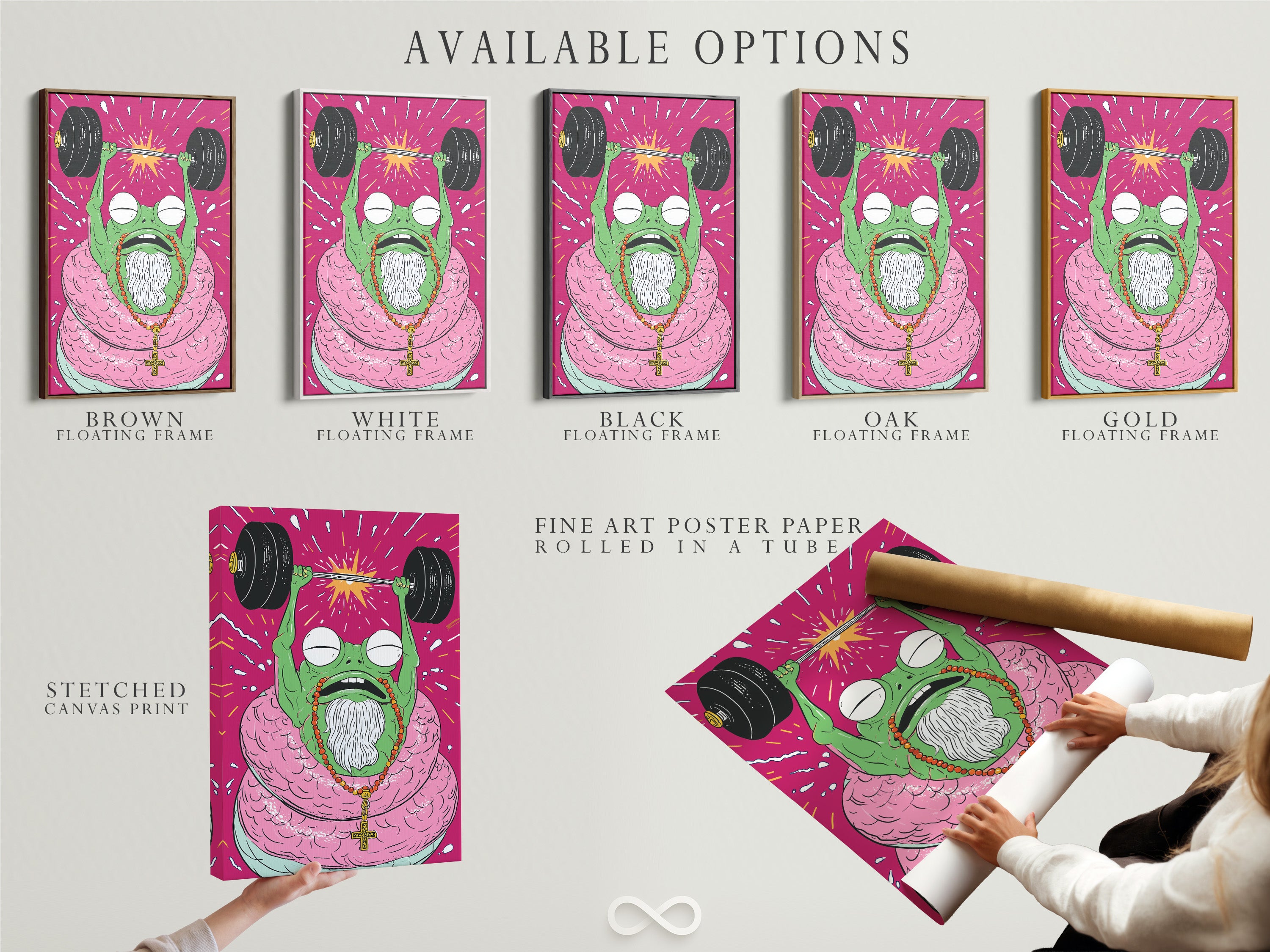 Available options include a stretched canvas print. Also available is fine art poster paper. You can have it in a floating frame. Get your Fitness Frog weightlifting gym art today. Customize your art.
