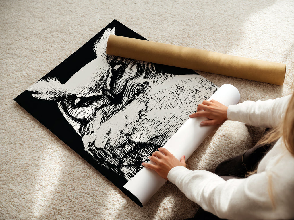 A woman is carefully rolling a fine art poster paper. The paper features the black and white owl artwork. This wildlife art print is ready to be framed and displayed. Perfect for adding a touch of nature to any space. Ideal for minimalist and modern decor.