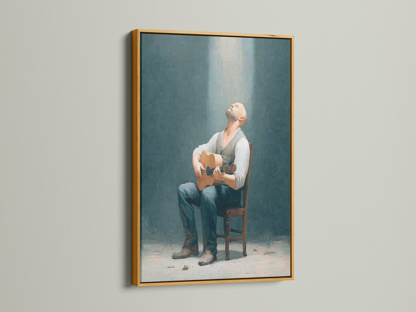 Rustic man with guitar art in a gold frame. This vintage wall art adds a touch of elegance to your music room decor. Shop our man with guitar artwork for a timeless look today
