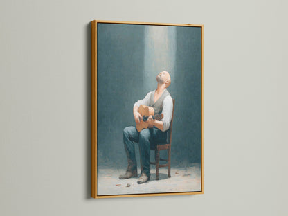 Rustic man with guitar art in a gold frame. This vintage wall art adds a touch of elegance to your music room decor. Shop our man with guitar artwork for a timeless look today