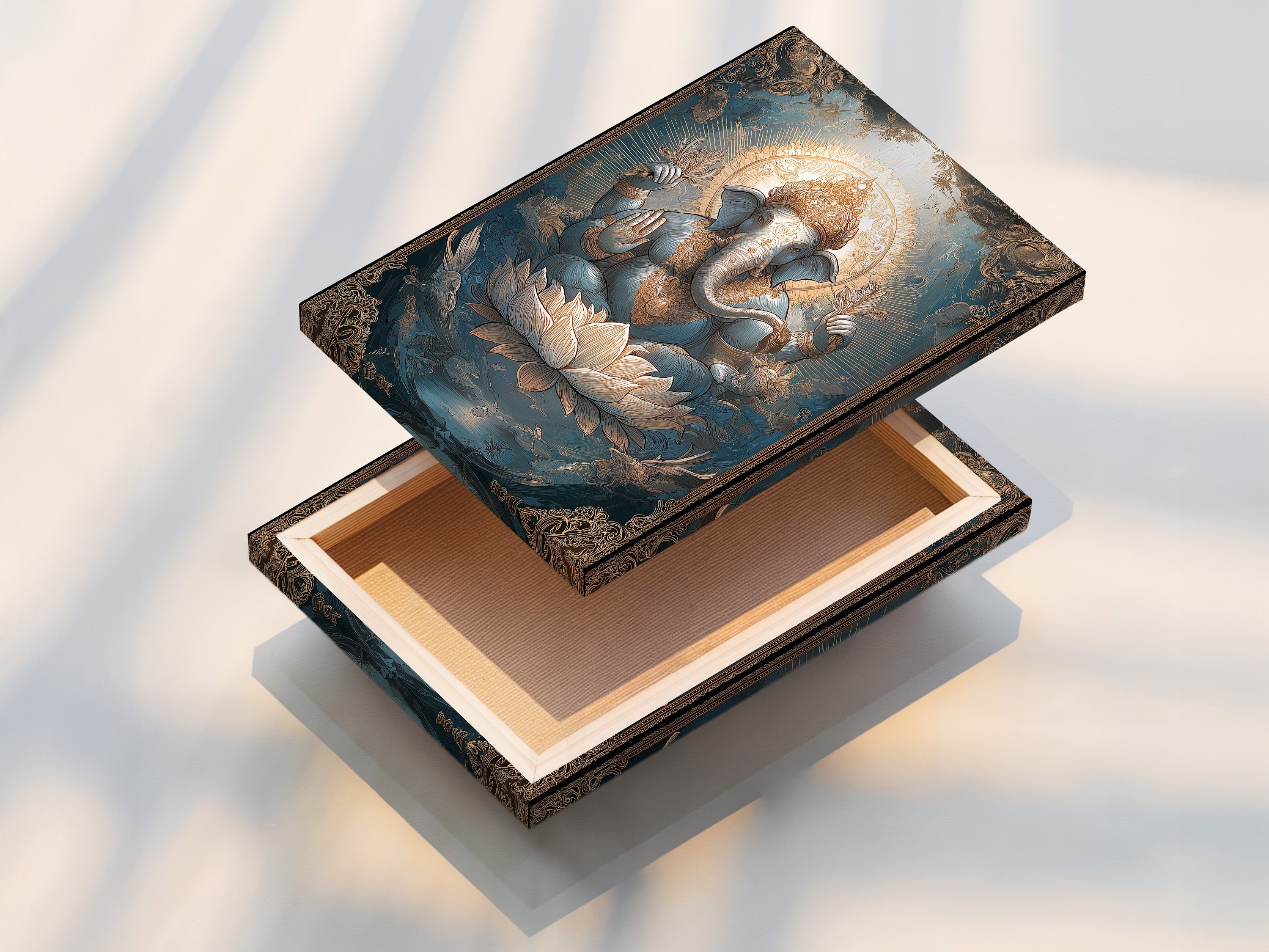 A stretched canvas print featuring Ganesha Canvas Art. The Hindu deity print looks amazing. The Elephant God art is a spiritual canvas. The Lotus art print complements any space with bohemian & eclectic decor.