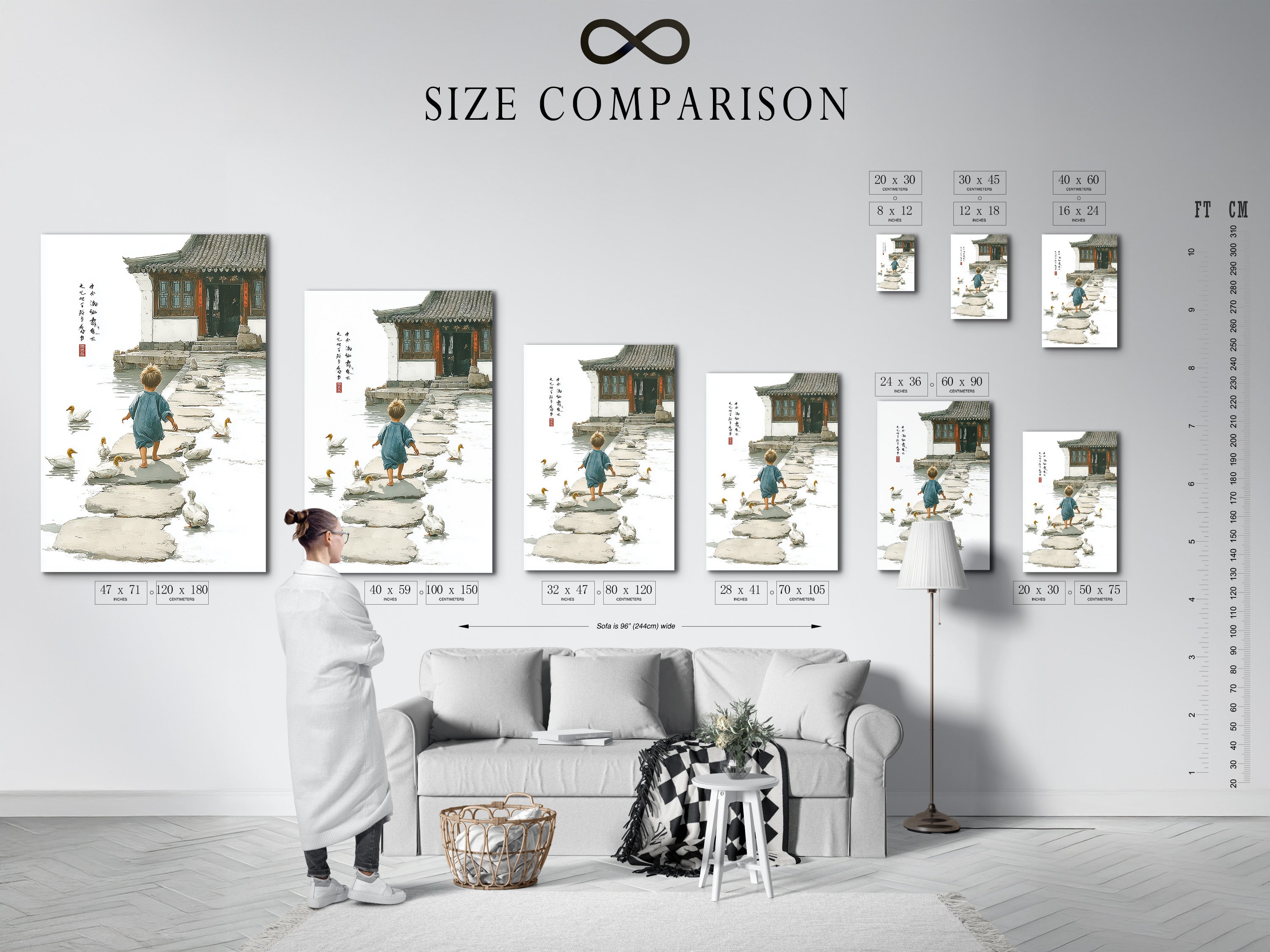 This size comparison chart helps visualize artwork in different dimensions. See how various sizes fit within an interior setting. Choose the perfect size to complement your space. The chart provides a clear visual guide for art selection. Ensure your artwork is the ideal scale for your room.