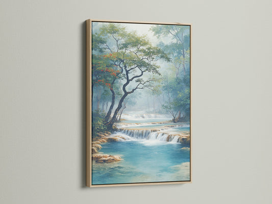 A serene waterfall artwork is framed in oak. The turquoise river canvas print brings a calming presence. Perfect landscape artwork for minimalist or Scandinavian decor. The oak frame complements the nature scene.