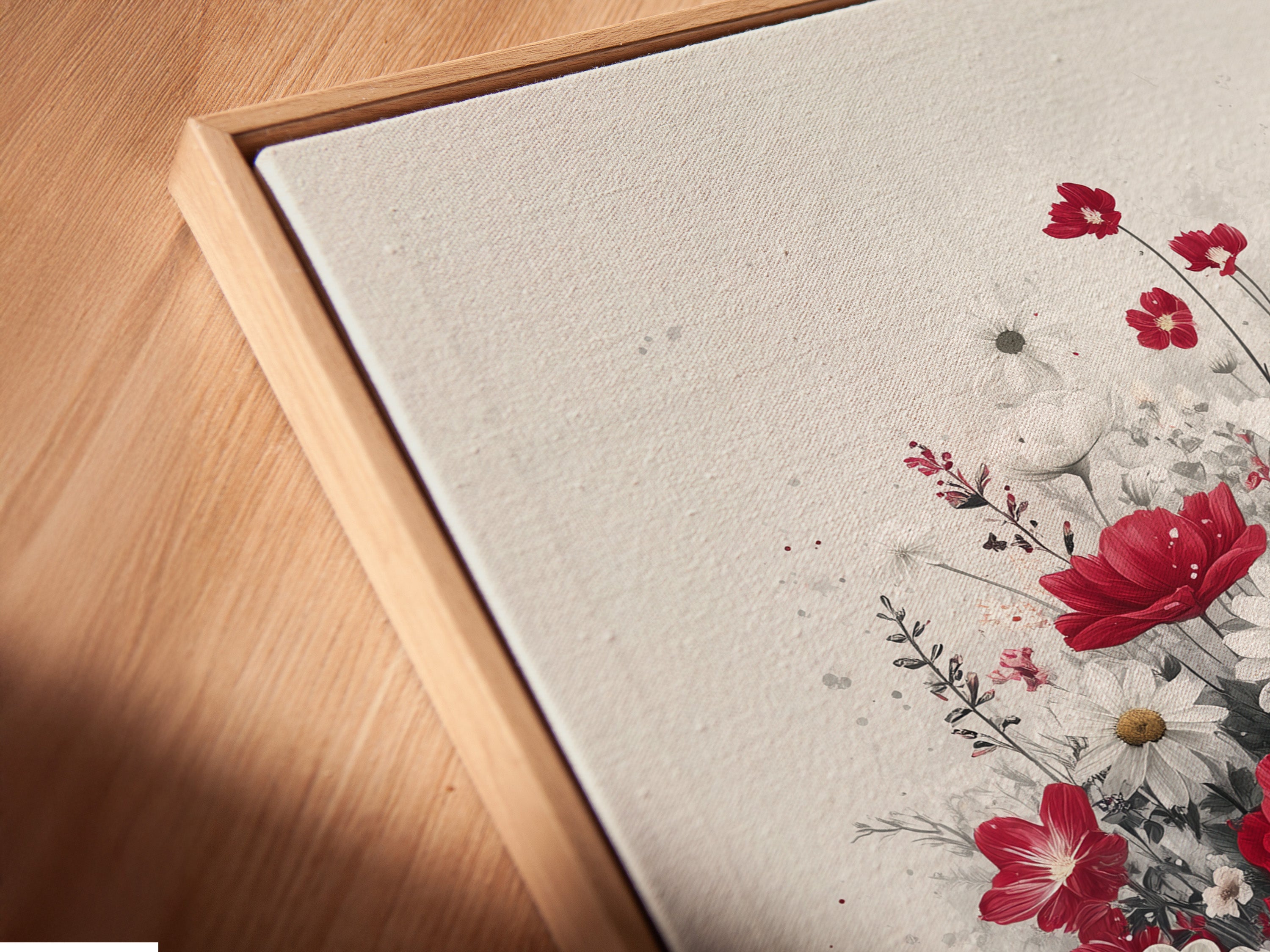 Close up of canvas art in a floating frame. A floral bathtub artwork features red and white flowers in a vintage bathtub. The floating frame enhances the artwork. Perfect farmhouse wall art or cottagecore decor. Elevate your bathroom wall art with this vintage flower print.
