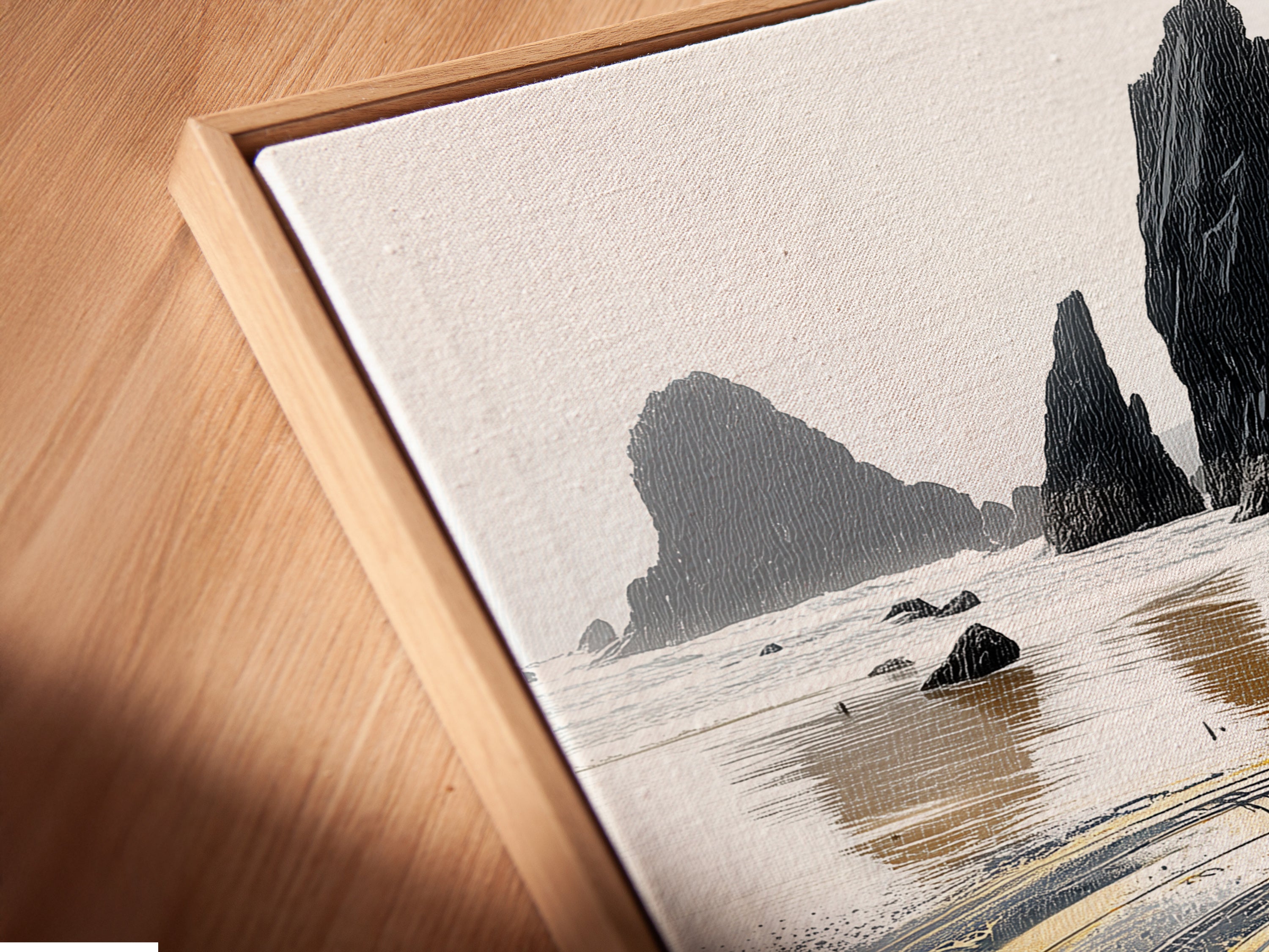 A close-up angled view shows a canvas print in a floating frame. The floating frame adds depth to the mystical compass artwork. Ideal for showcasing steampunk art and coastal wall decor.