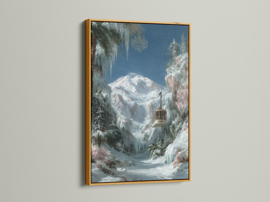 Winter Cabin artwork in a gold frame. This snowy mountain landscape wall art brings a cozy alpine scene. The gold frame adds a luxurious touch. Ideal for elegant home decor.