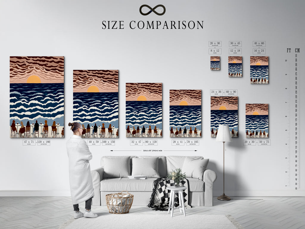 This is a size comparison chart in an interior setting. It shows how our seaside cafe artwork will look in different sizes. This will help you choose the perfect size for your coastal decor.