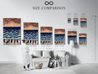 This is a size comparison chart in an interior setting. It shows how our seaside cafe artwork will look in different sizes. This will help you choose the perfect size for your coastal decor.
