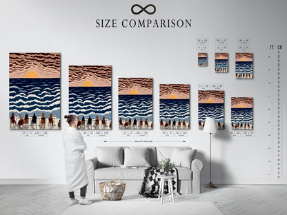 This is a size comparison chart in an interior setting. It shows how our seaside cafe artwork will look in different sizes. This will help you choose the perfect size for your coastal decor.