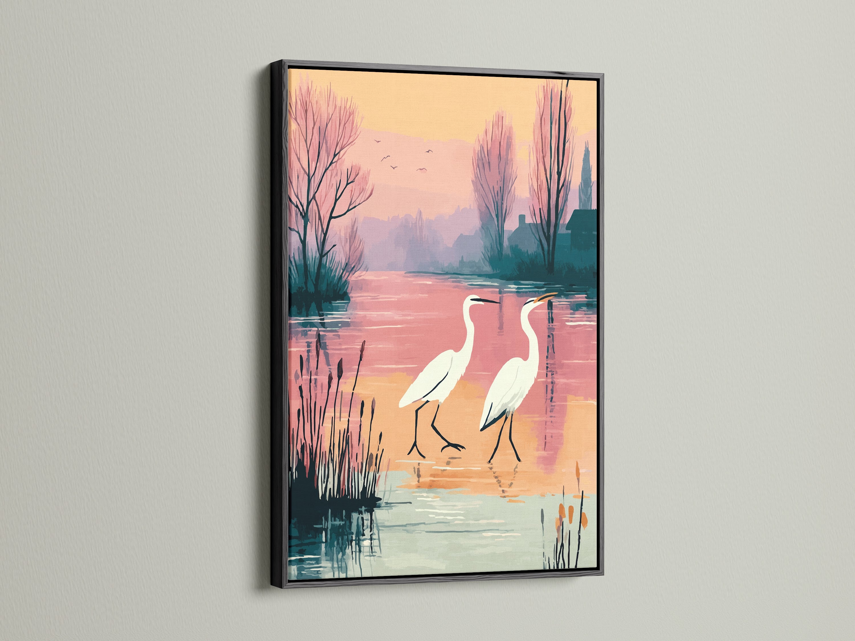 The black frame creates a striking contrast with the heron art. The bird canvas depicts a tranquil pastel lake. This artwork adds sophistication to office or studio decor. The print is a unique nature-inspired piece.