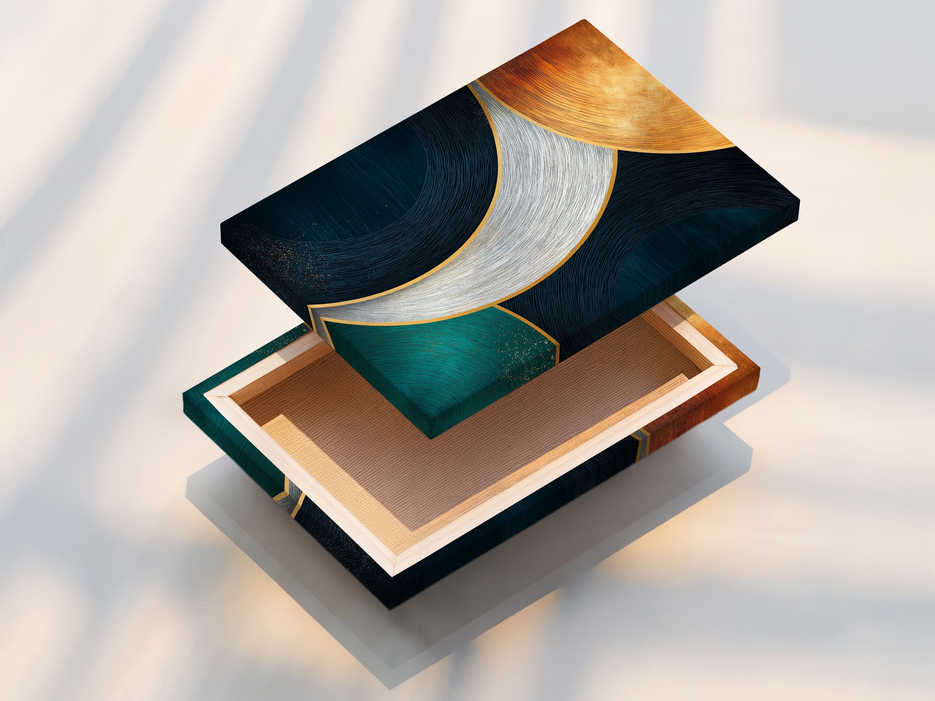 A stretched canvas print displaying an abstract geometric artwork. The artwork features teal navy and gold curved lines. This contemporary piece is ready to hang. Ideal for adding a modern touch to living room wall art or bedroom decor. The stretched canvas provides a clean and gallery-like appearance.