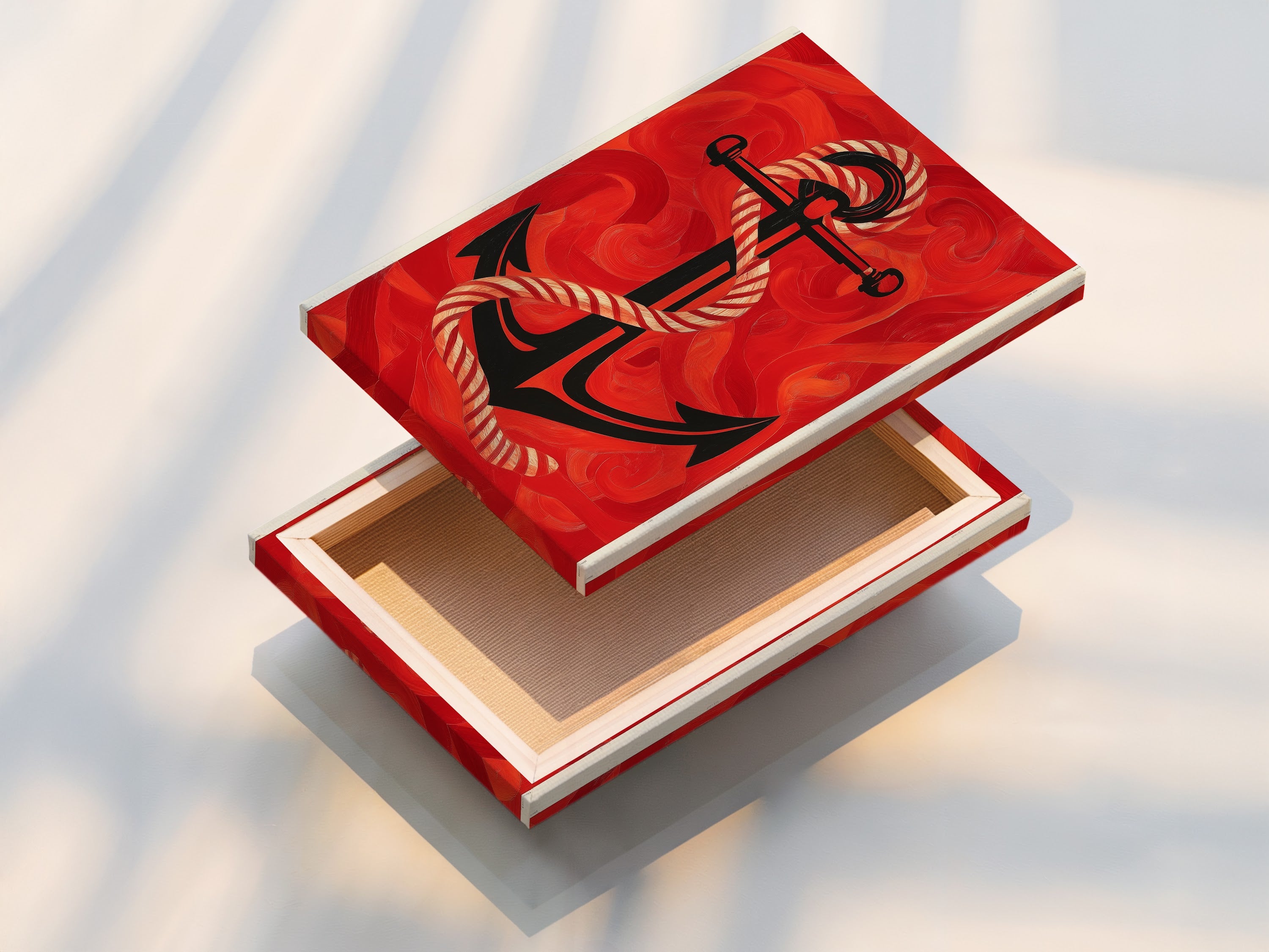 A stretched canvas print of a Nautical Anchor Artwork. The vibrant red ocean art brings life to any room. Perfect as maritime wall decor. This sailor gift is ready to hang. The vintage anchor artwork adds coastal charm. Ideal for a beach house or navy themed space.