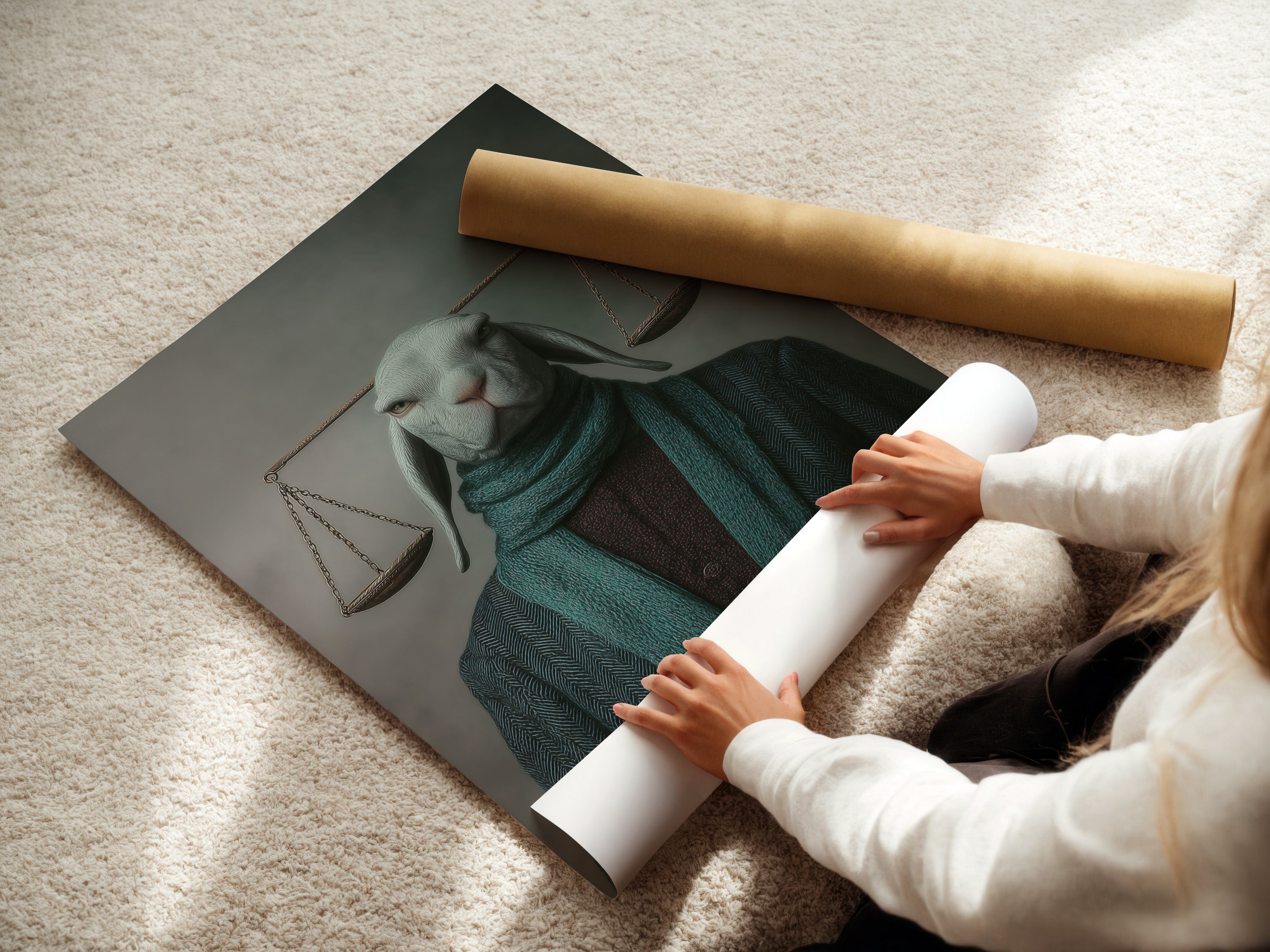 A woman carefully rolls a fine art poster paper. The Justice Rabbit art print is ready for framing. Choose this option for a versatile and affordable artwork solution. Perfect for legal professionals and animal lovers.