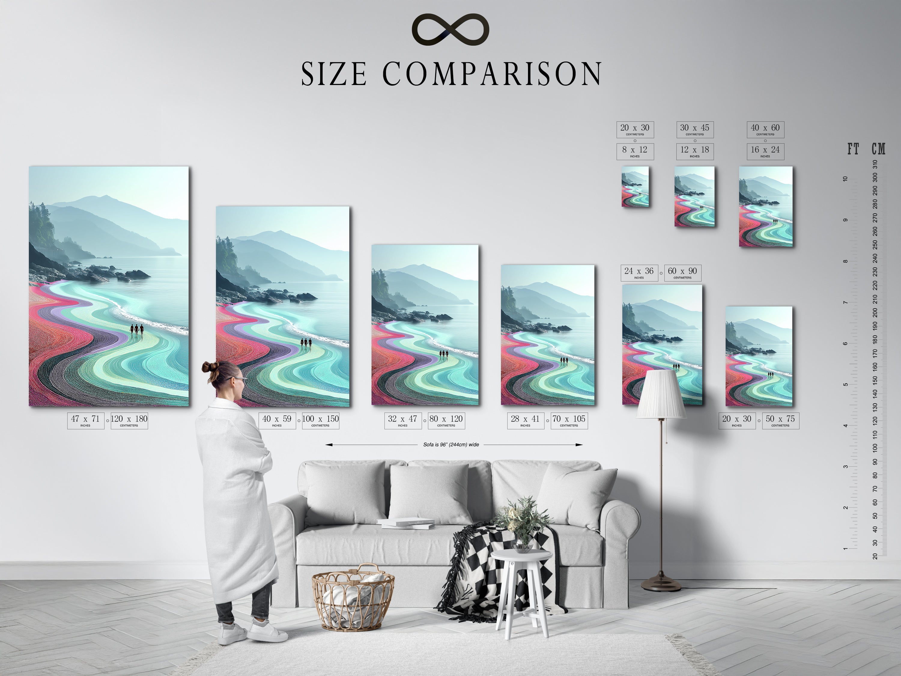 A size comparison chart displayed in an interior setting. The chart showcases various sizes of coastal landscape artwork. Visualize the perfect fit for your space with turquoise ocean wall art. Ideal for planning your modern seascape poster arrangement.