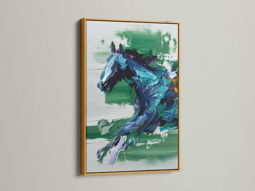 This gold frame showcases abstract horse art. The blue green animal artwork adds elegance to any room. Perfect as a gift for horse lovers. This equestrian decor complements living rooms bedrooms or offices.