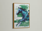 This gold frame showcases abstract horse art. The blue green animal artwork adds elegance to any room. Perfect as a gift for horse lovers. This equestrian decor complements living rooms bedrooms or offices.