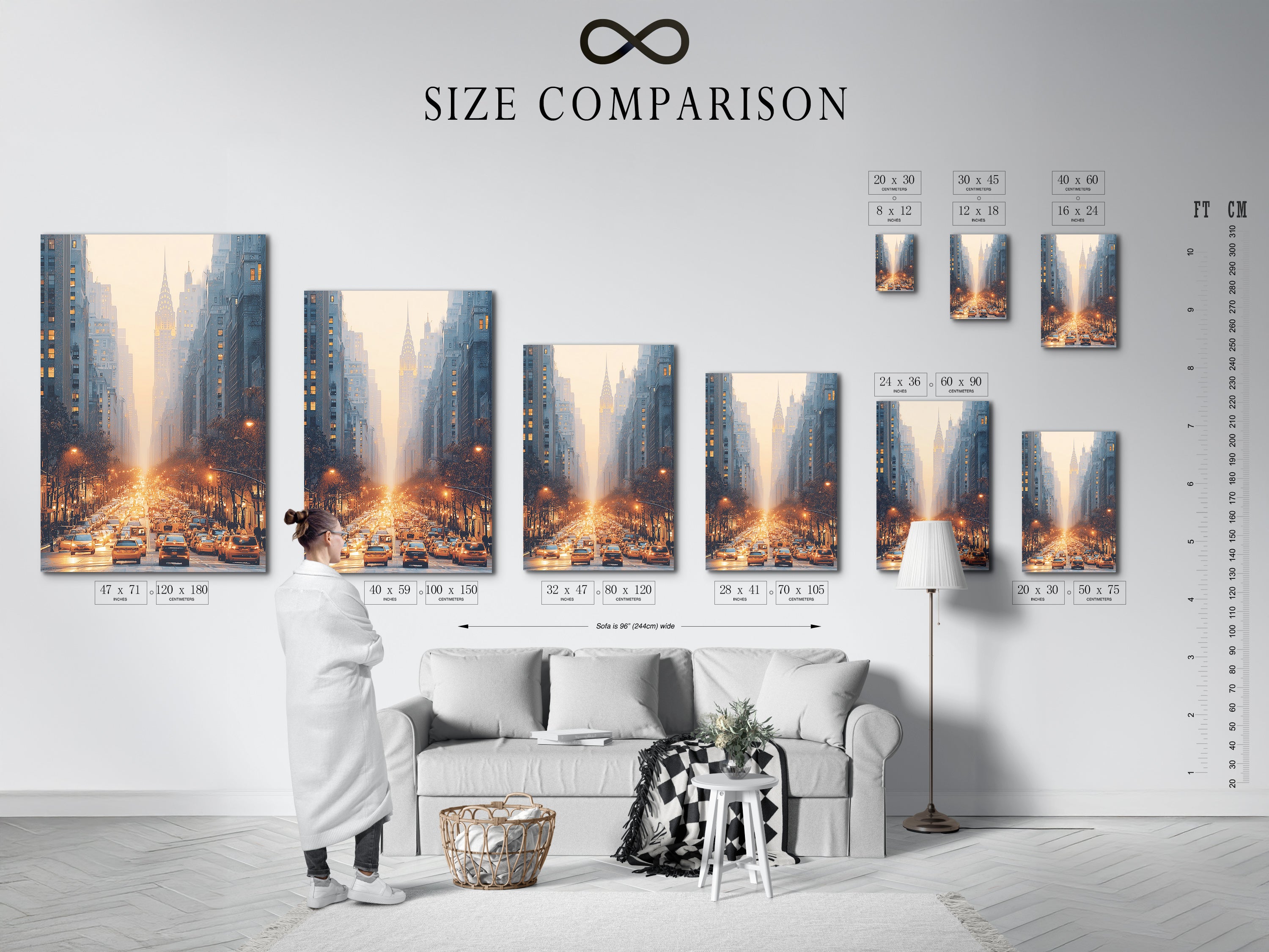 Size comparison chart in an interior setting. Helping you visualize the city street artwork in different dimensions. Choose the perfect size for your urban wall art. Ideal for home office wall decor.