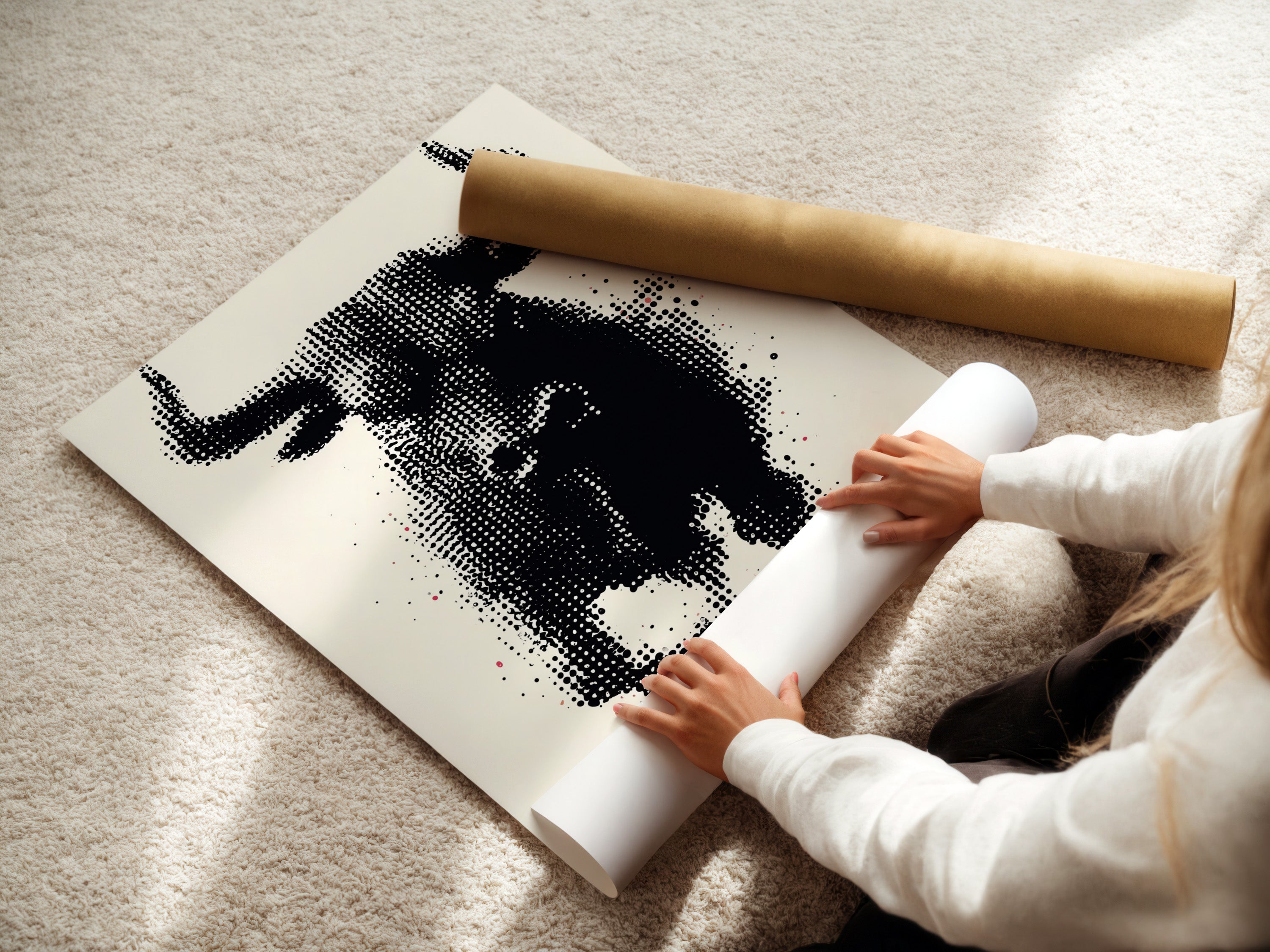 A woman is carefully unrolling a fine art poster paper. The high-quality paper ensures a premium print. Ideal for showcasing detailed artwork. This fine art poster paper is perfect for creating stunning wall art. It's designed to bring out the best in your favorite images. Transform your space with exceptional prints.