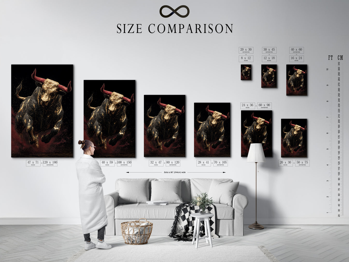 A size comparison chart is displayed in an interior setting. The chart helps visualize different art sizes. It assists in choosing the perfect artwork dimensions. See how various sizes fit in a room. This chart makes art selection easier. Find the ideal size for your space.