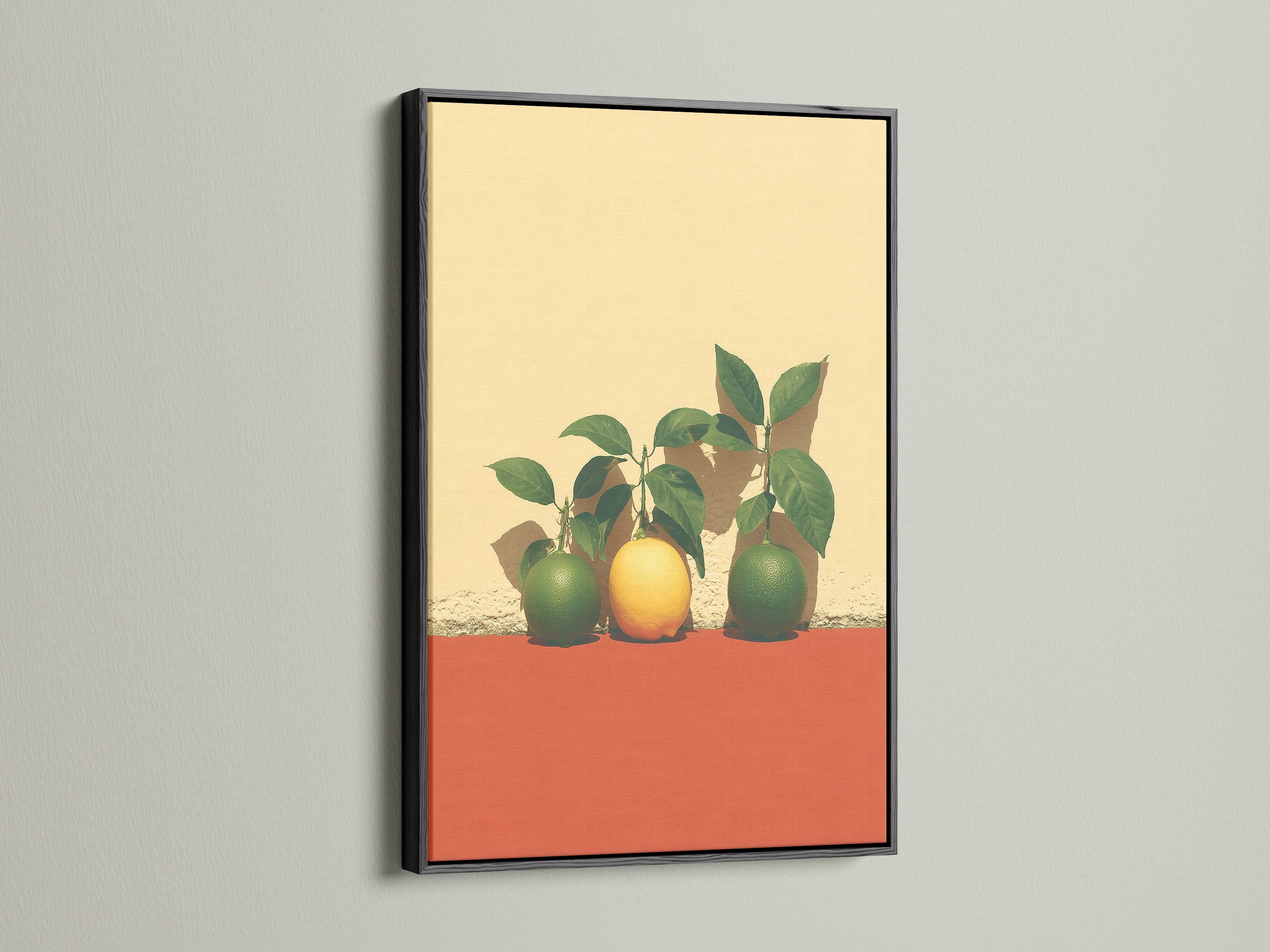Citrus Fruit Canvas in a black frame. This minimalist art makes a bold statement. The black frame adds contrast to the colorful artwork. A perfect still life print for modern spaces. Great for kitchen or dining room.