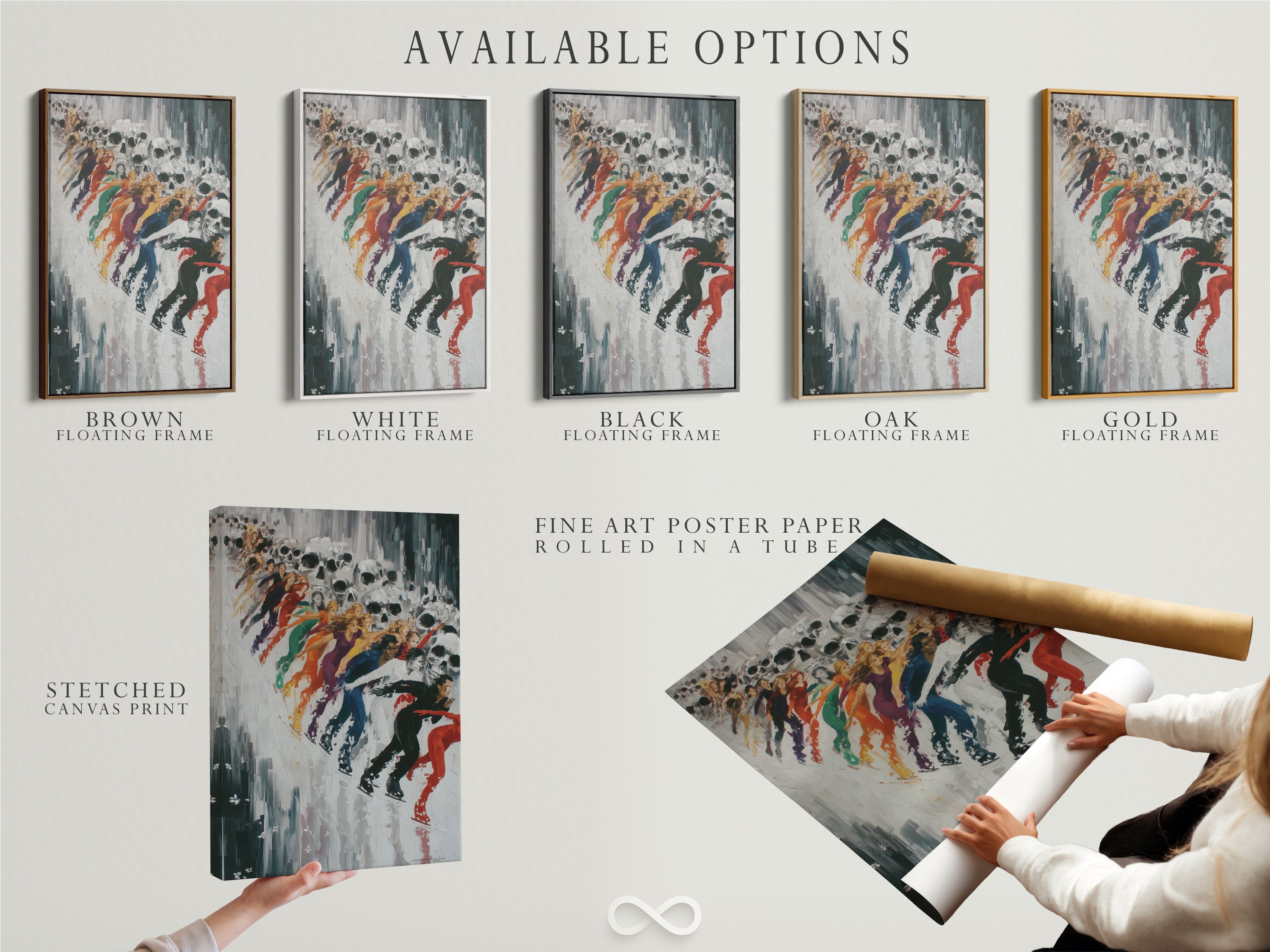 Available options for the Abstract Skull Art including stretched canvas print fine art poster paper and floating frame. Choose the perfect format to match your style. Each option offers a unique way to display this contemporary artwork. Find your perfect piece.
