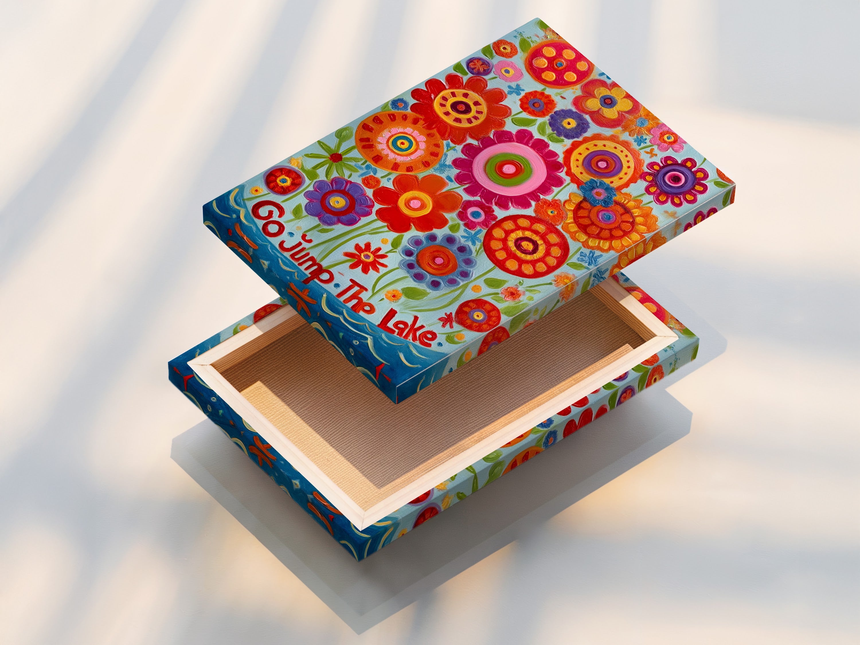 A stretched canvas print featuring a vibrant floral artwork. The colorful botanical print is ready to hang. It adds a cheerful touch to any room. Perfect for creating a bright and inviting atmosphere with flower art.