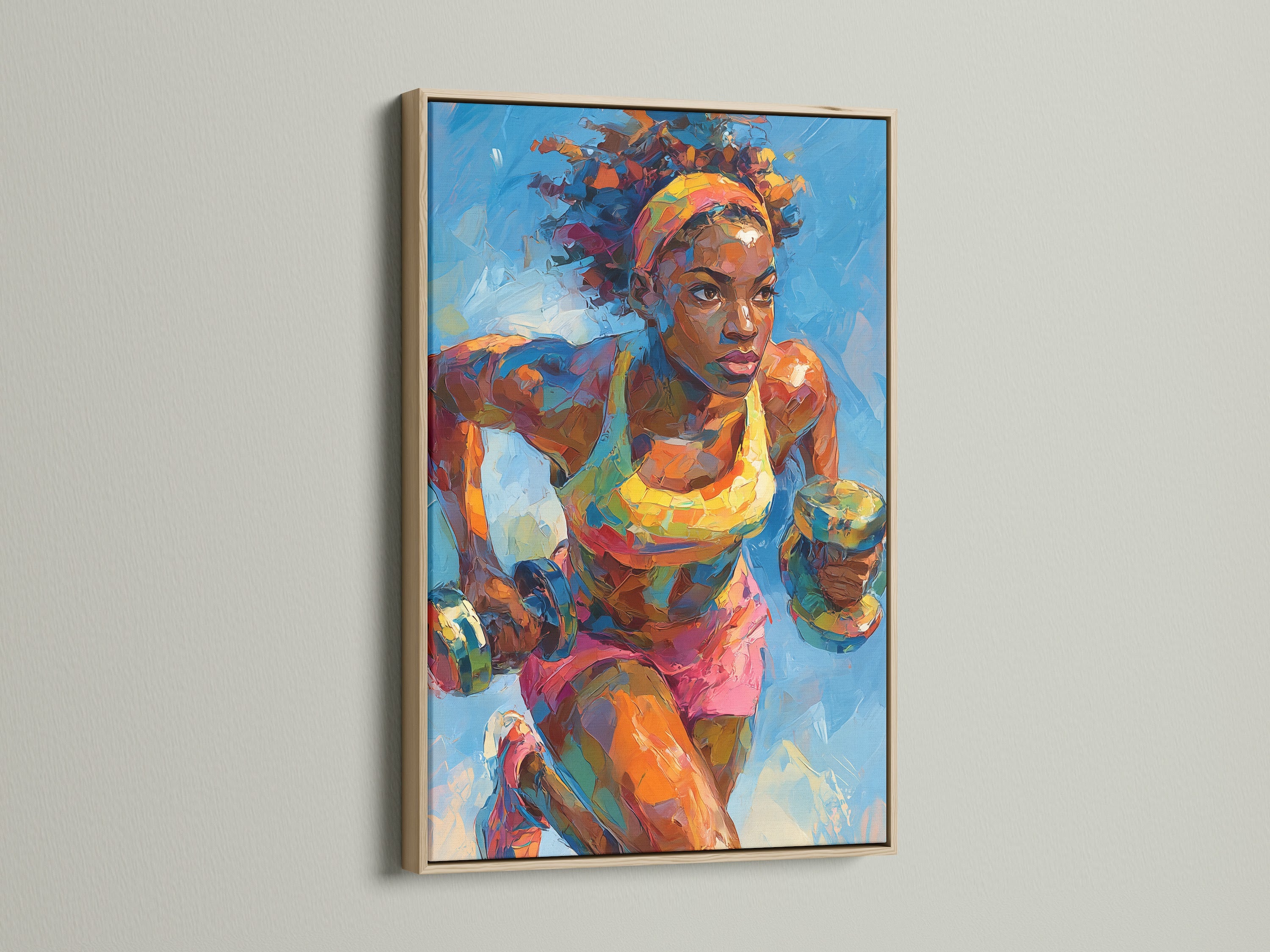 This artwork features an oak frame. The female boxer art is beautifully framed. Notice the natural wood grain enhancing the colorful sports wall art. Ideal for adding a touch of nature to your gym or office decor. This boxing canvas print is a great choice.