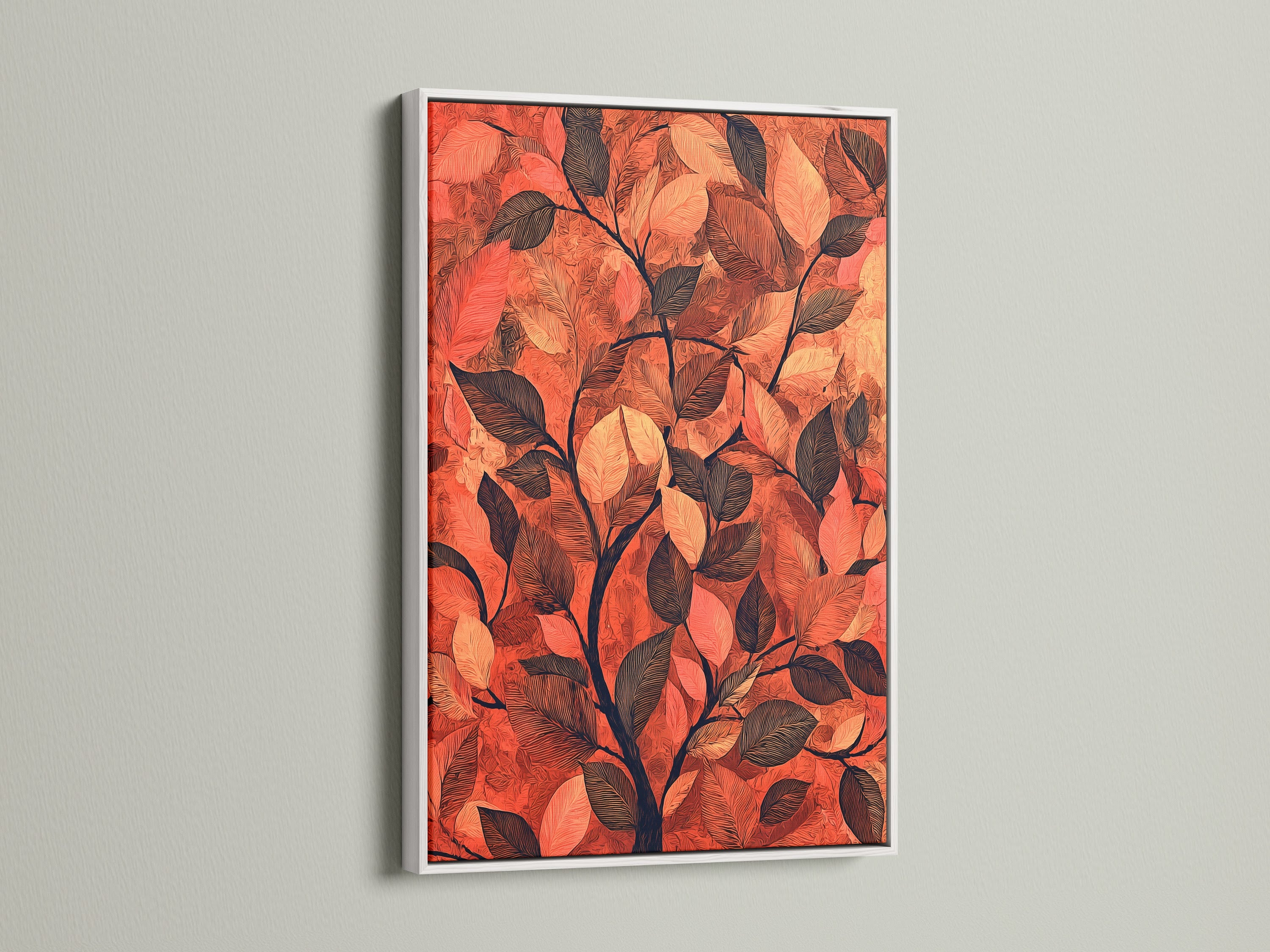 A botanical leaf canvas print is elegantly framed in white. The white frame enhances the terracotta decor. This autumn leaves artwork brings a touch of fall to your study wall. The foliage print is perfect for adding warmth to any room. The white frame offers a clean look.