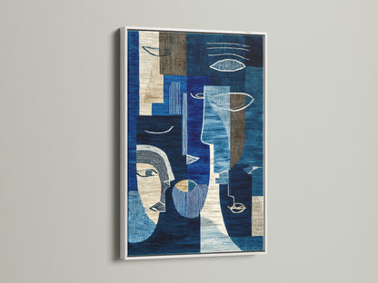 Modern geometric canvas wall art presented in a white frame. This abstract blue art print features contemporary navy and cream artwork. Perfect for adding a refined touch to bedroom wall decor or studio spaces. Explore this beautiful and stylish artwork