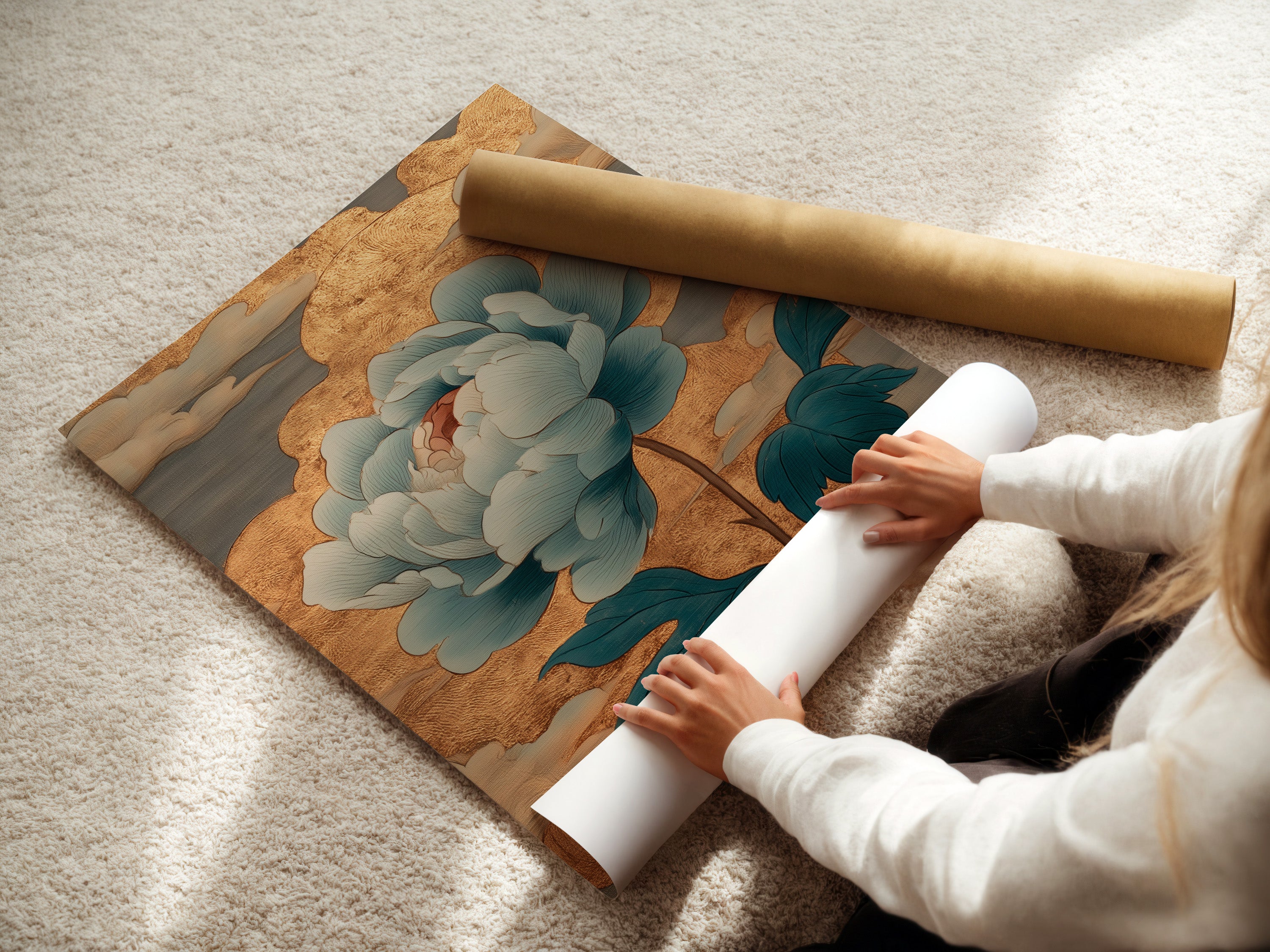 Woman rolling a fine art poster paper. She is carefully preparing the print. The rolled paper is ready for framing or display. High-quality fine art paper ensures vibrant colors. Explore our range of art papers.