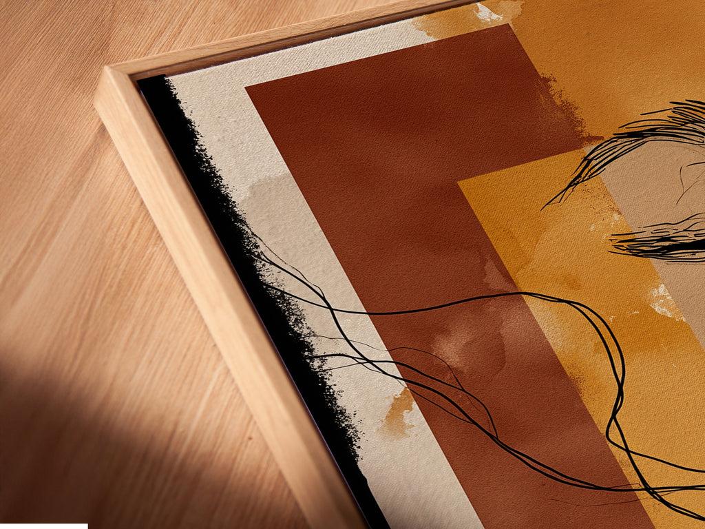 A close-up angled view reveals the stunning detail of a canvas print. This abstract woman profile art is set in a floating frame. The modern line drawing print captures the eye. Terracotta and mustard tones create a warm inviting feel. This minimalist art piece enhances any space with its contemporary style. Perfect for adding a sophisticated touch.