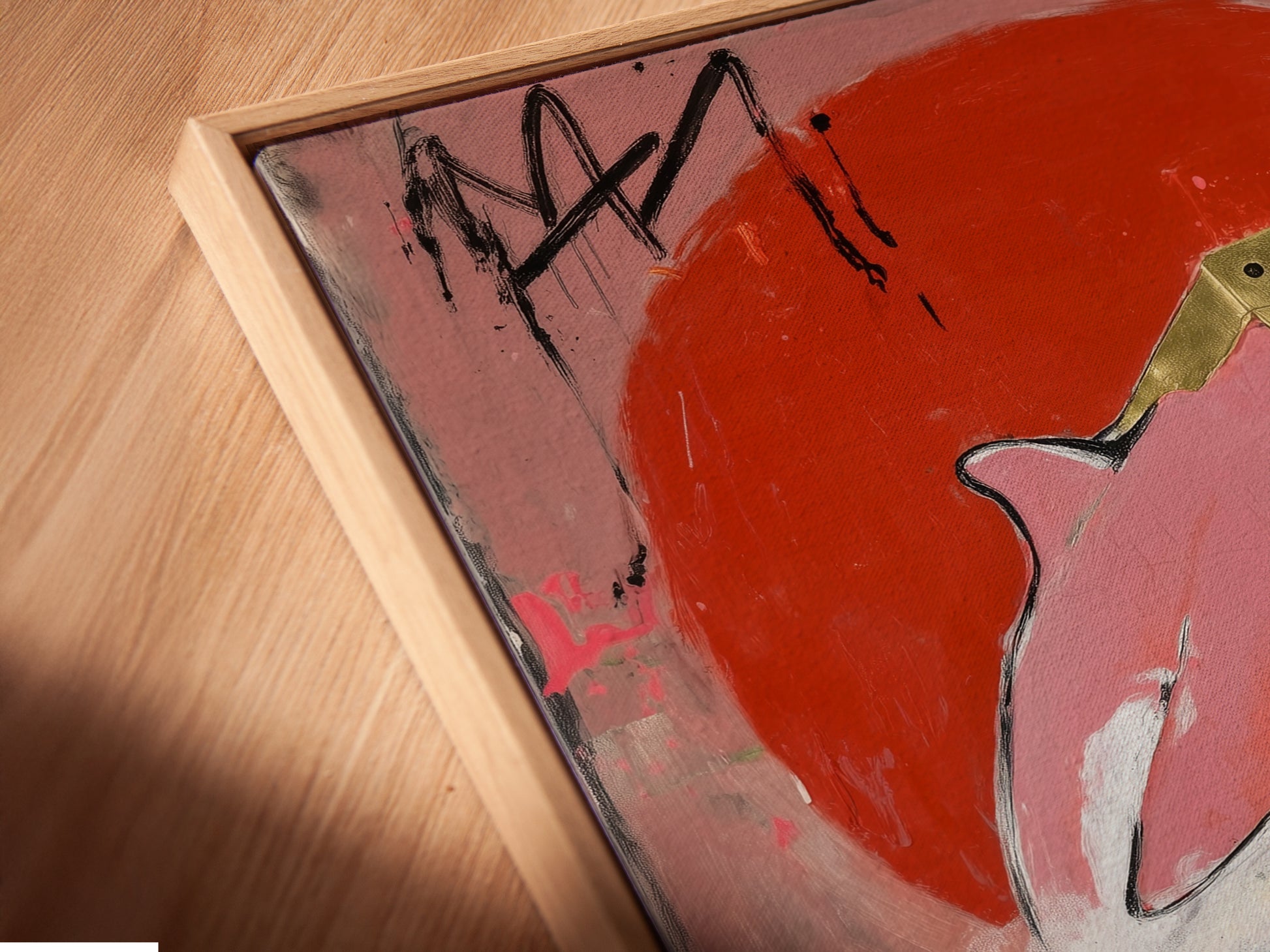 This is an angled close-up of the canvas print in a floating frame. This stylish framing option gives the artwork a modern look. The floating frame enhances the vibrant colors of the funky animal art. It is perfect for showcasing your cool flamingo artwork. Add a unique touch to your urban art poster collection.