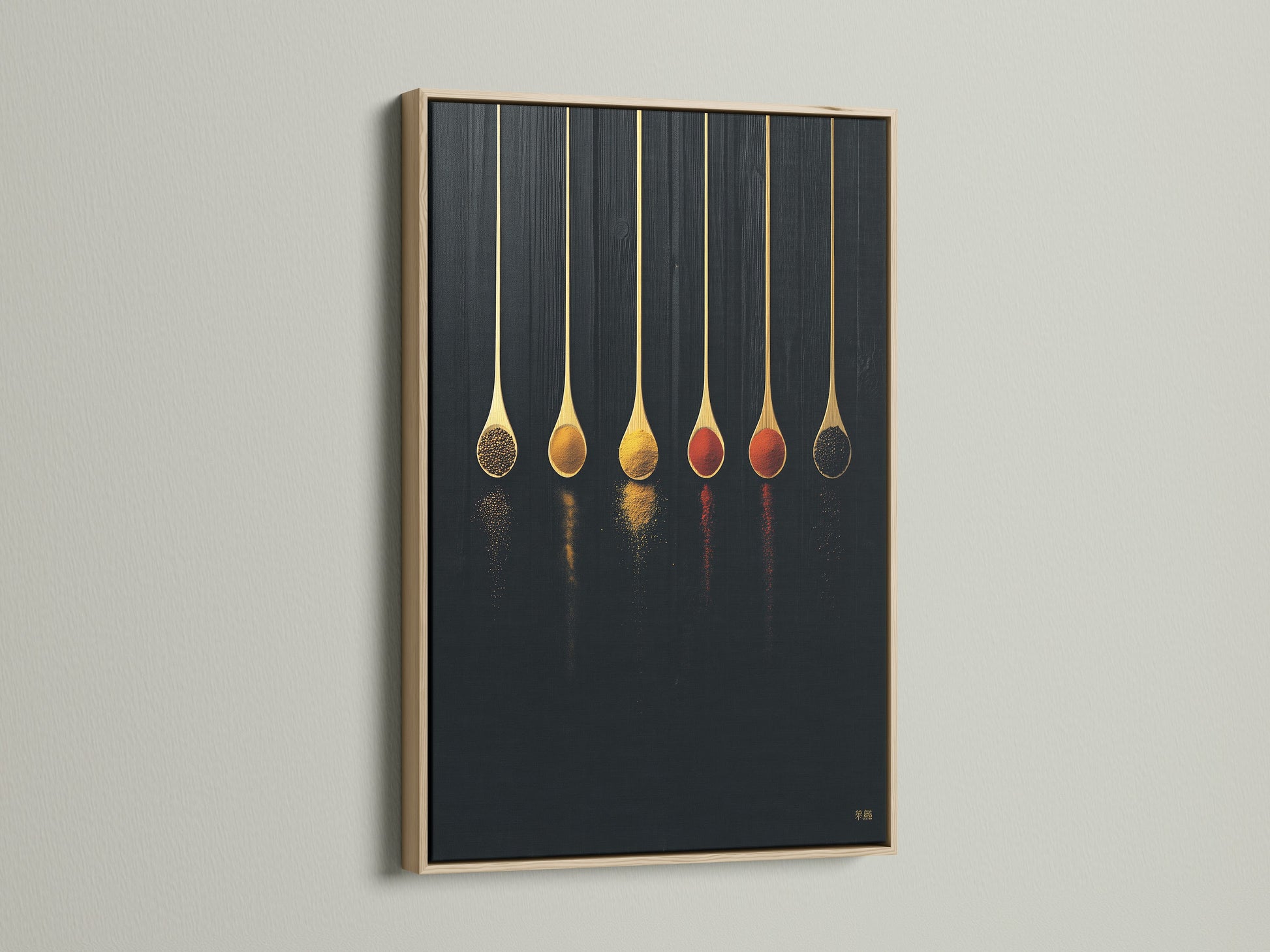 Spice Spoons canvas print with an oak frame. This kitchen art enhances any culinary decor. It's ideal for a dining room or cafe. The spoon print adds a touch of modern elegance. A great food art print for any foodie or chef. This minimal artwork elevates your space.